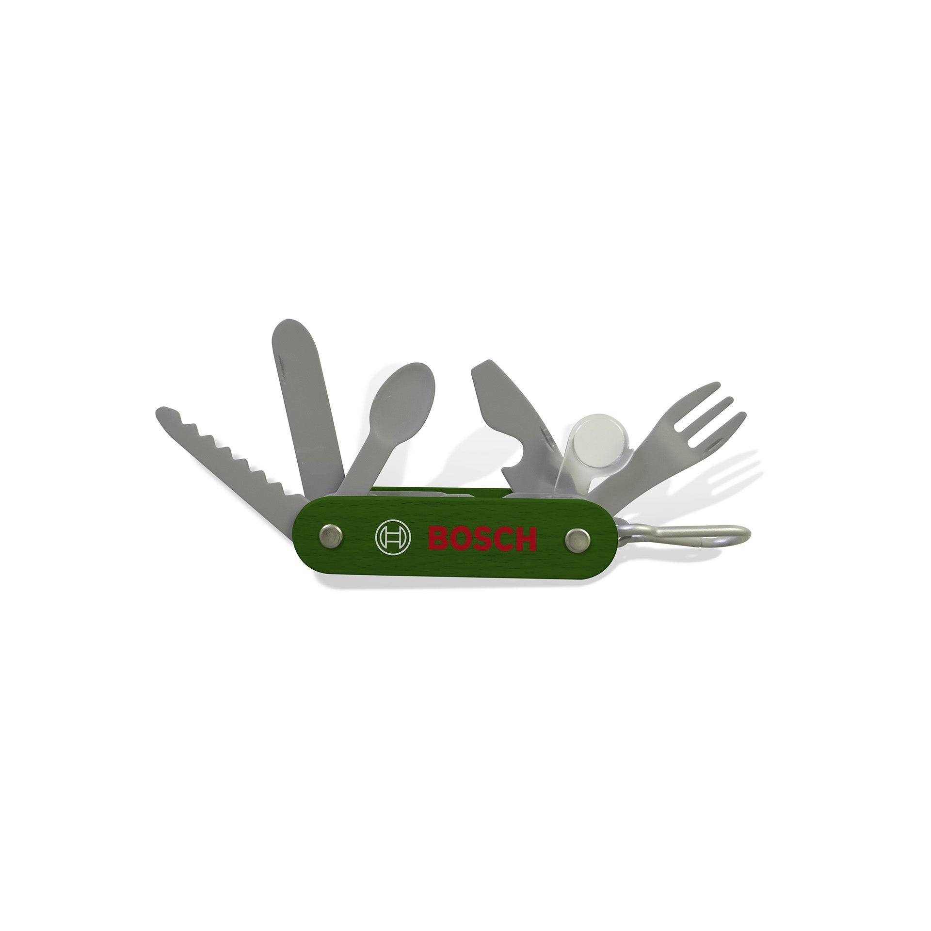 Grünes Bosch-Klapptaschen-Multitool mit mehreren silbernen Utensilien und einer offenen Sägeblatt auf weißem Hintergrund