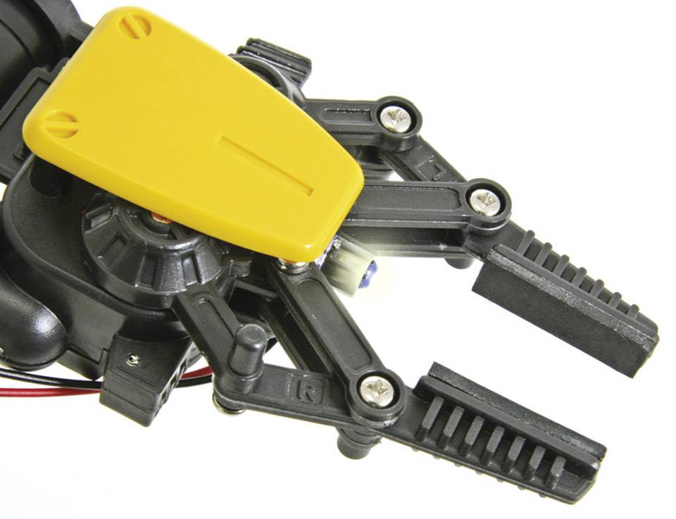 'Bras robotique équipé d'une pince noire et d'un module de couverture jaune, montrant des doigts mécaniques au design dentelé.'