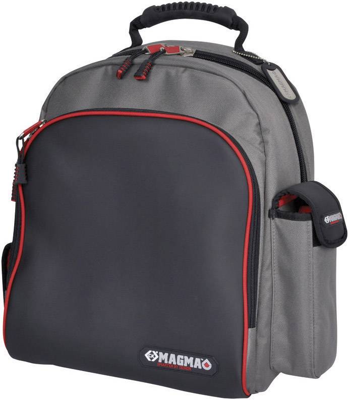 Un sac à dos gris et noir avec des accents rouges et le logo 'Magma', conçu pour le transport d'équipement de DJ.
