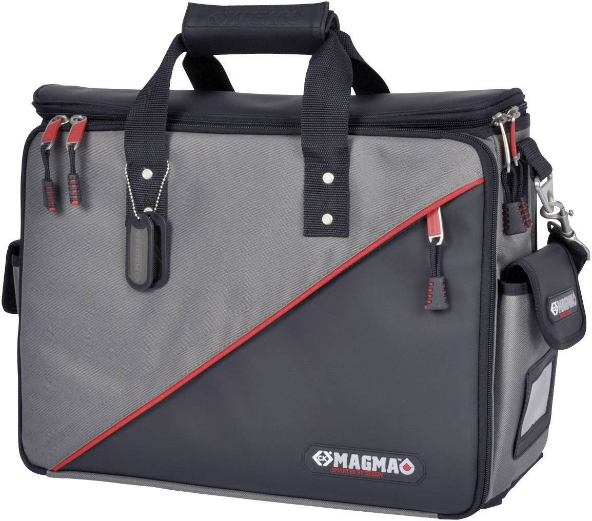 Un sac gris et noir avec des accents rouges et une poignée de transport, arborant le logo 'MAGMA' en bas à droite.