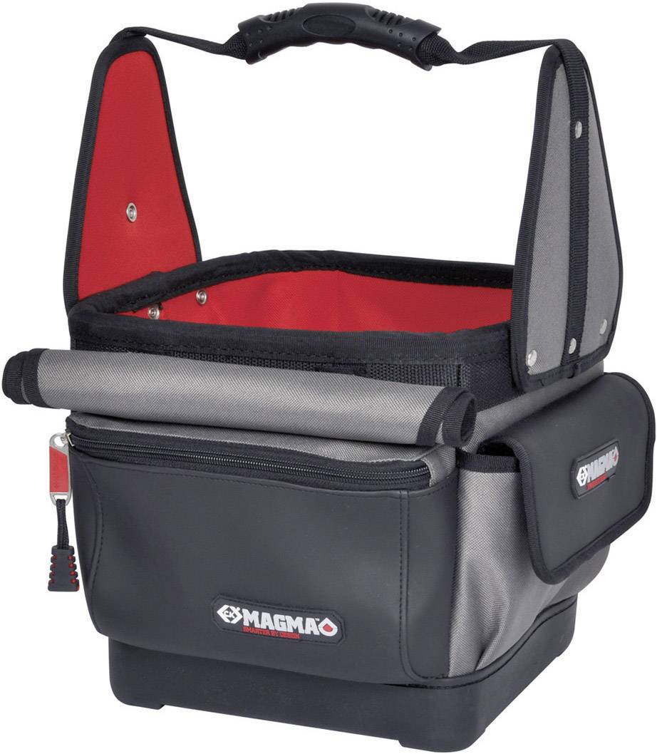 Un sac à outils ouvert, noir et gris avec un doublure intérieure rouge et plusieurs compartiments. Le sac dispose d'une poignée de transport en haut.