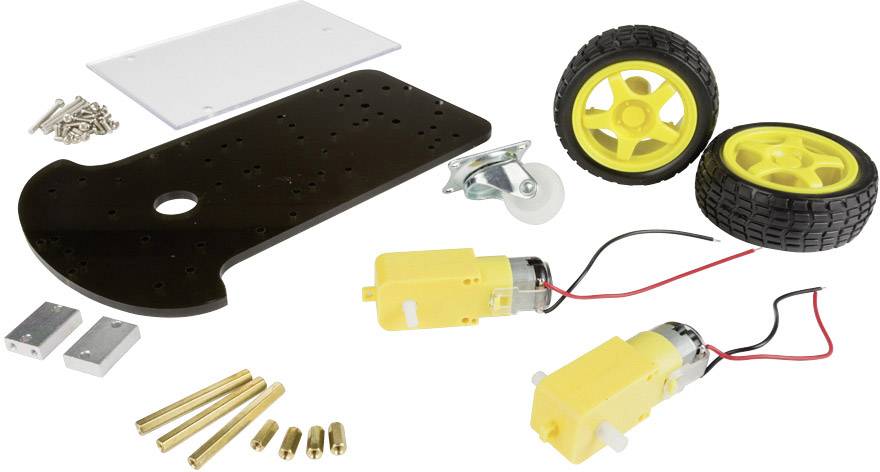 Un kit de robot avec des roues noires et jaunes, des moteurs jaunes, une plaque de base noire et diverses petites pièces.