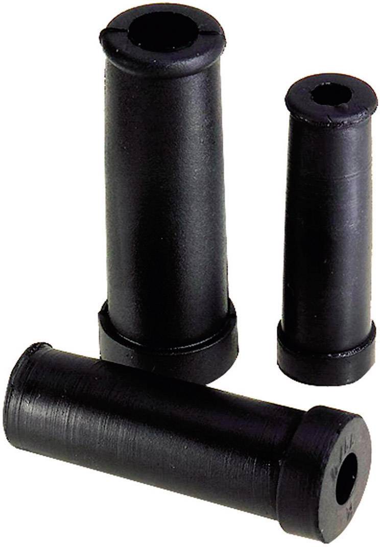Trois tubes cylindriques en plastique noir de différentes tailles sont disposés verticalement côte à côte.