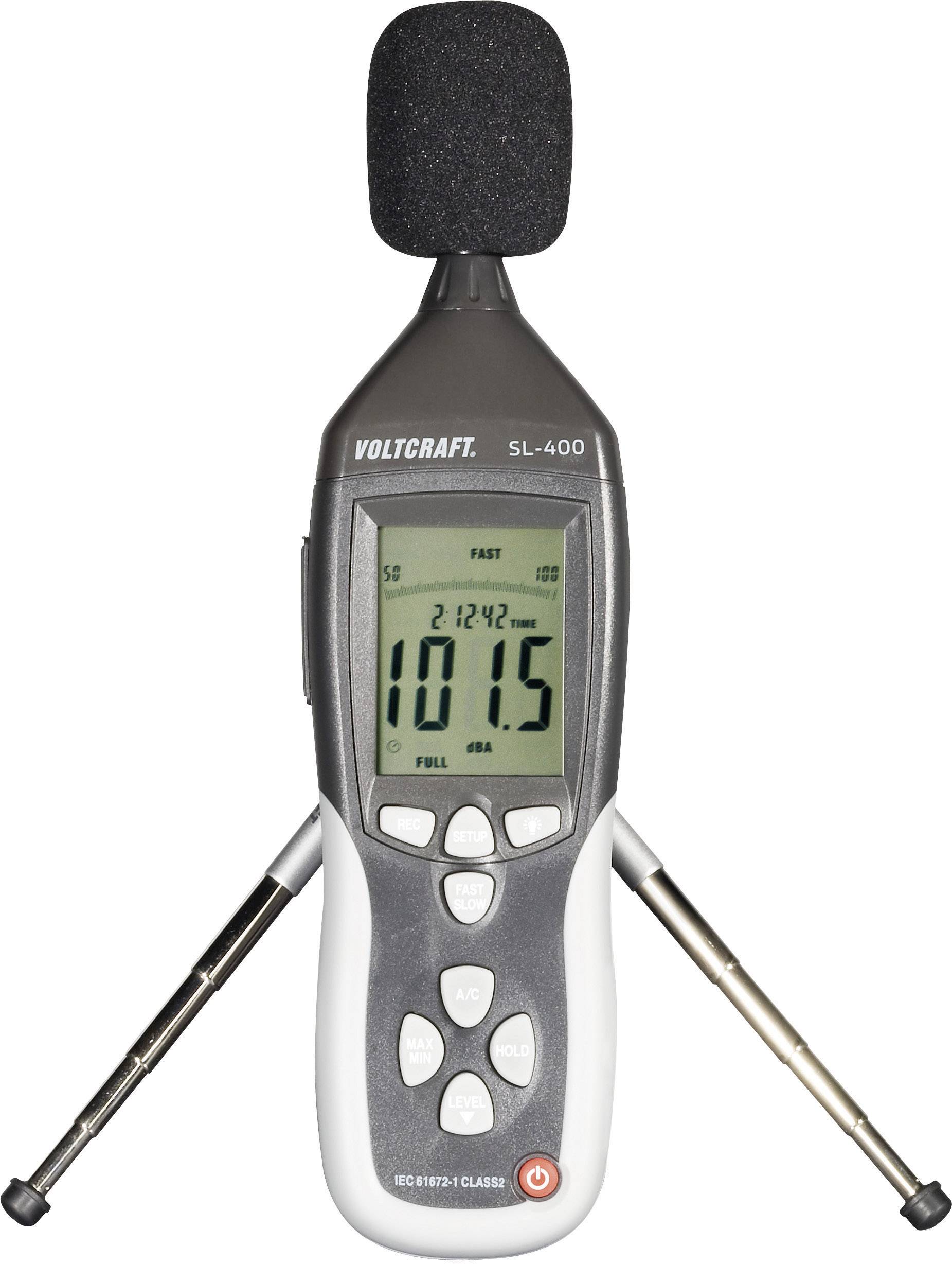 Appareil de mesure du niveau sonore sur trépied, affichant 101,5 dBA.