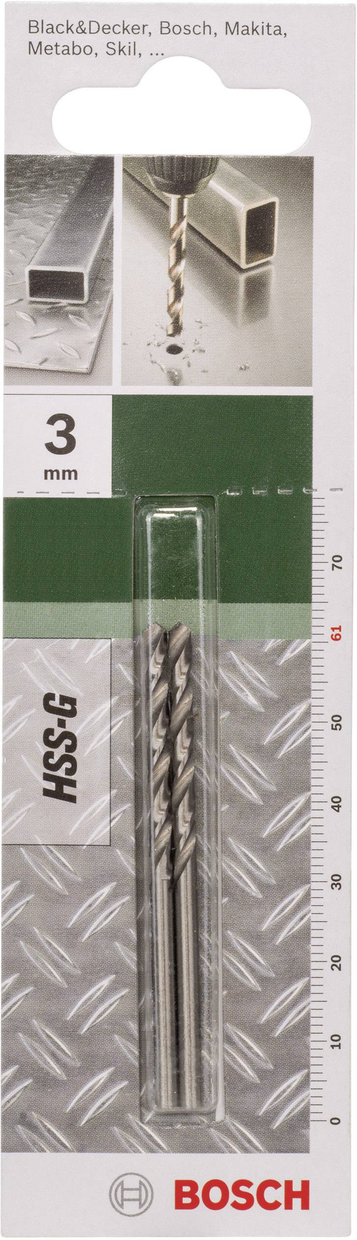 Coffret de forets Bosch, contenant un foret HSS-G de 3 mm pour métaux, illustré avec des plaques métalliques et des copeaux de perçage à titre d'exemple d'application.