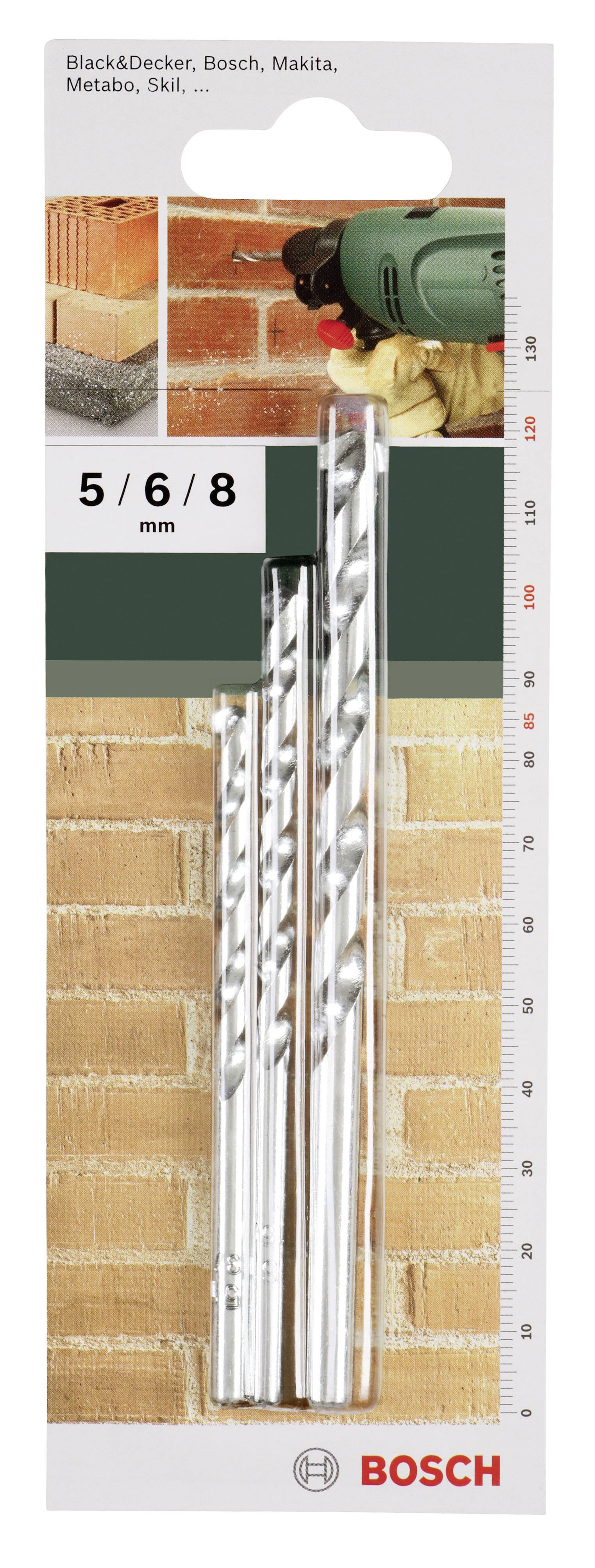 Coffret de forets 'Bosch' présentant trois forets à béton de 5, 6 et 8 mm, adaptés pour la maçonnerie. L'emballage illustre un exemple d'utilisation.