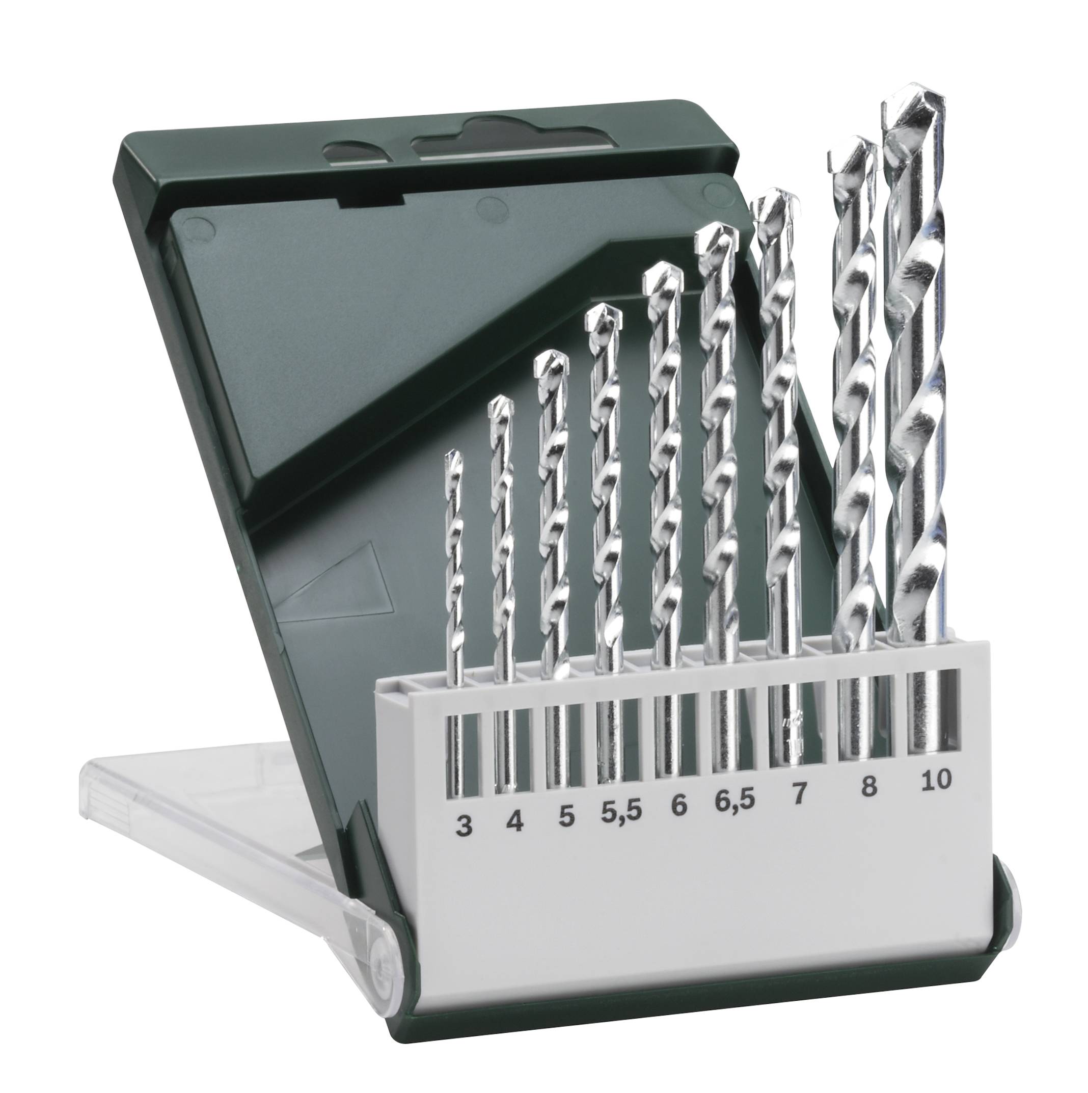 Coffret de forets avec 10 forets métalliques de différentes tailles, disposés dans un boîtier ouvert en plastique vert.