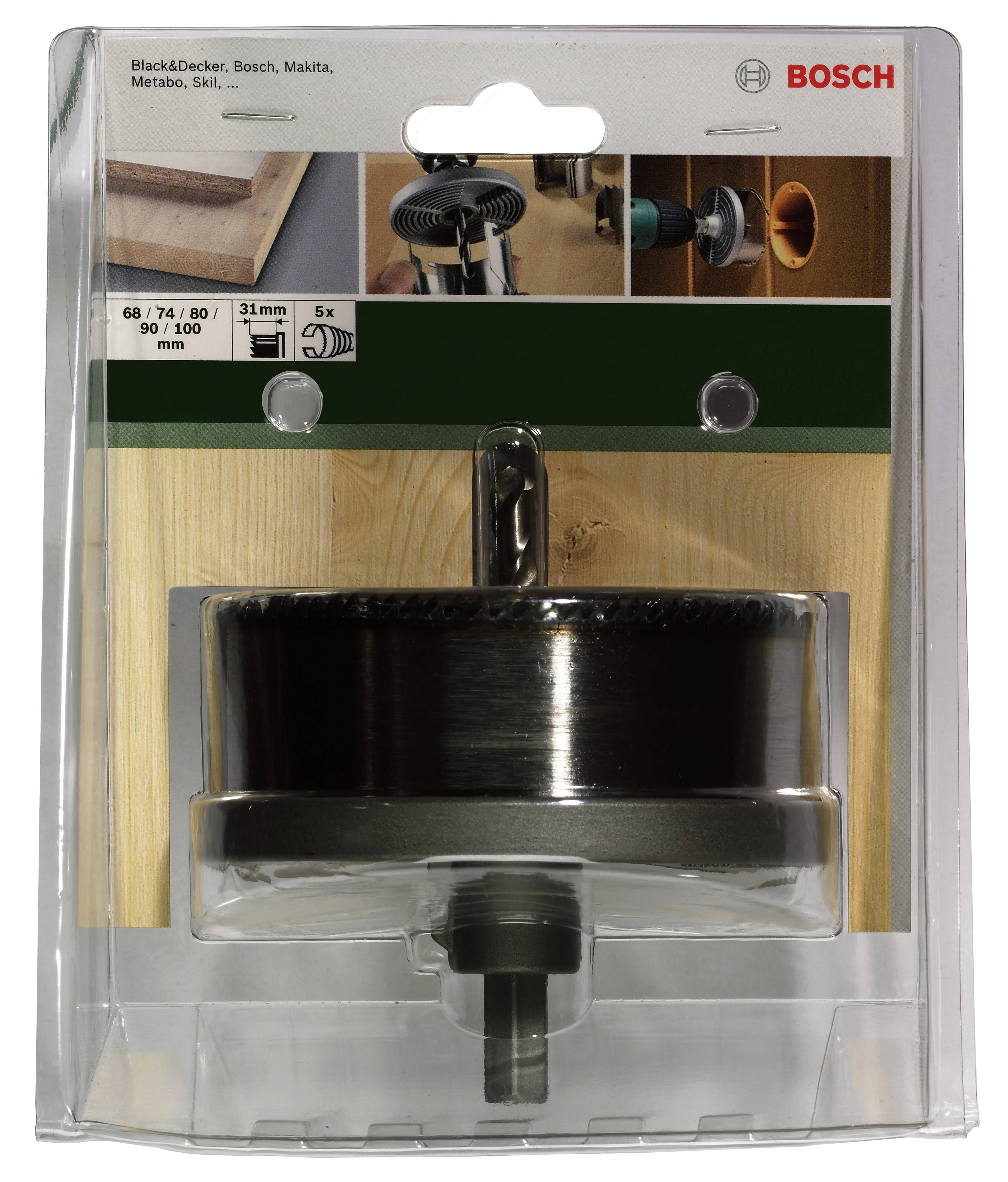Scie-cloche Satz, compatible avec Black&Decker, Bosch, Makita, Metabo. L'emballage présente différents exemples d'application et d'indications de tailles.
