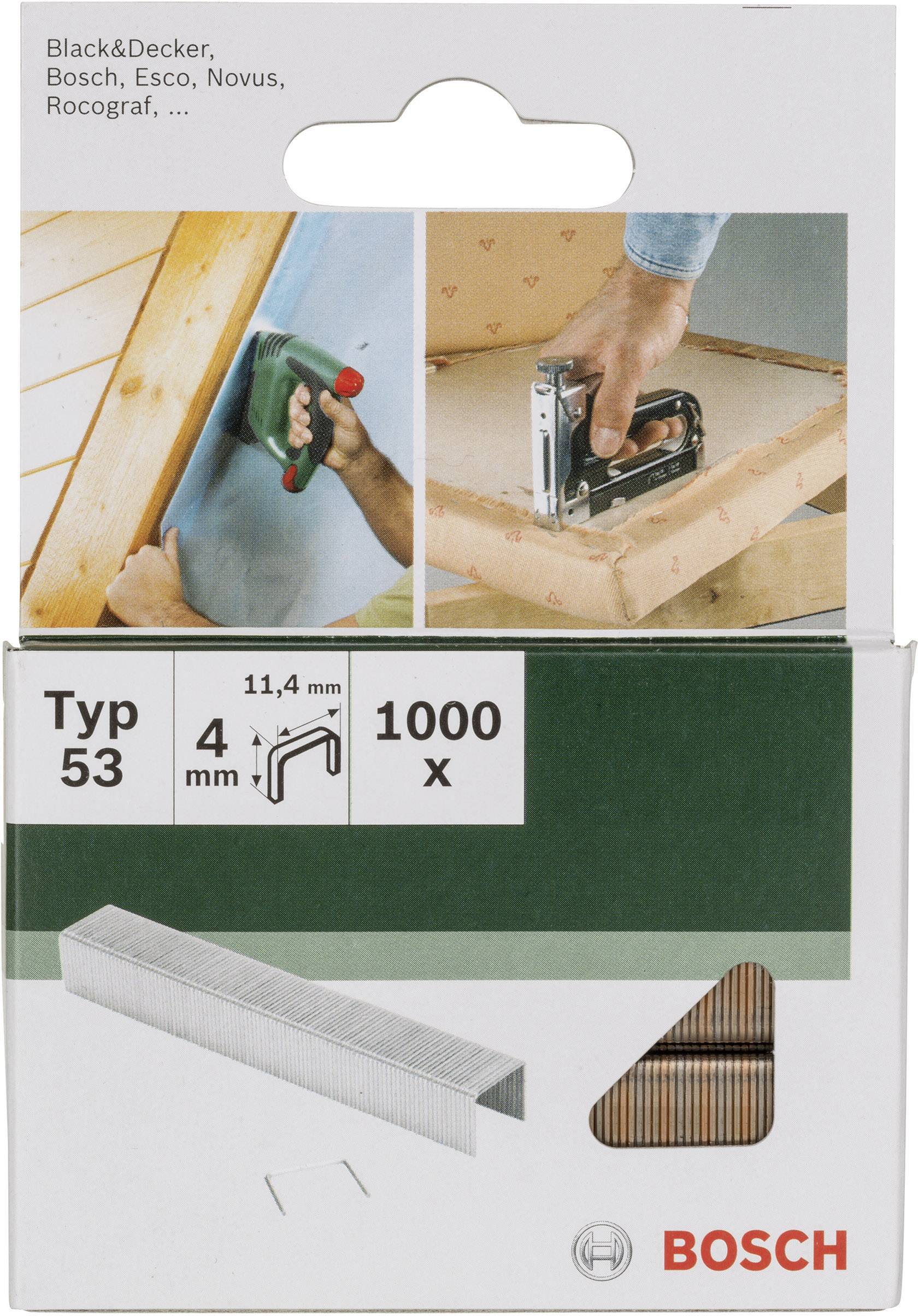 'Type 53, 4 mm, 11,4 mm, 1000x' Agrafes de Bosch à côté d'images de deux mains utilisant différents pistolets à agrafes.