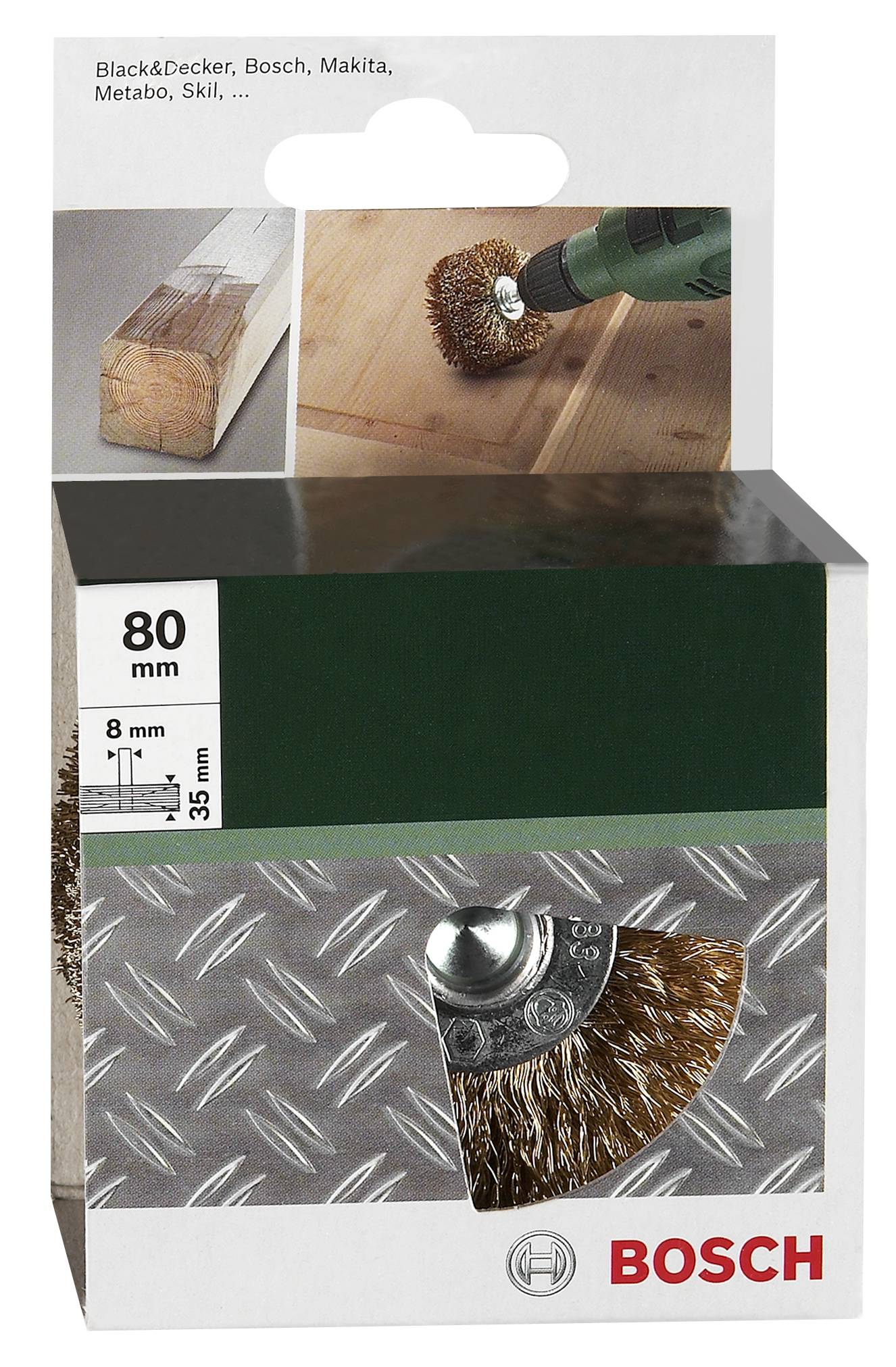 'Brosse métallique Bosch, 80 mm. Adaptée au nettoyage de surface sur bois et métal. L'emballage présente l'application et les marques du produit.'