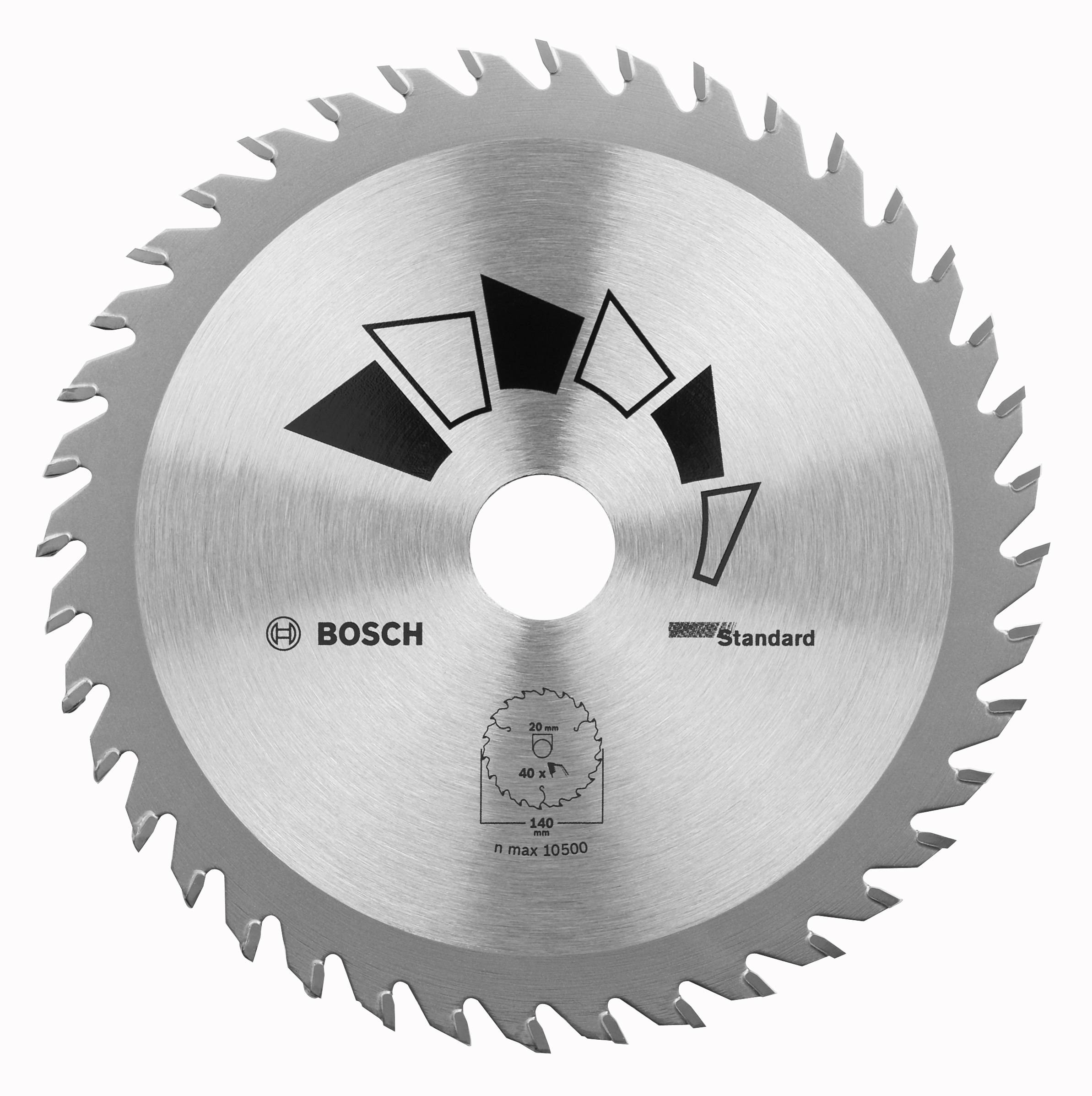 Lame de scie circulaire en métal avec dents dentelées, nom de marque 'Bosch Standard' et détails techniques au centre.