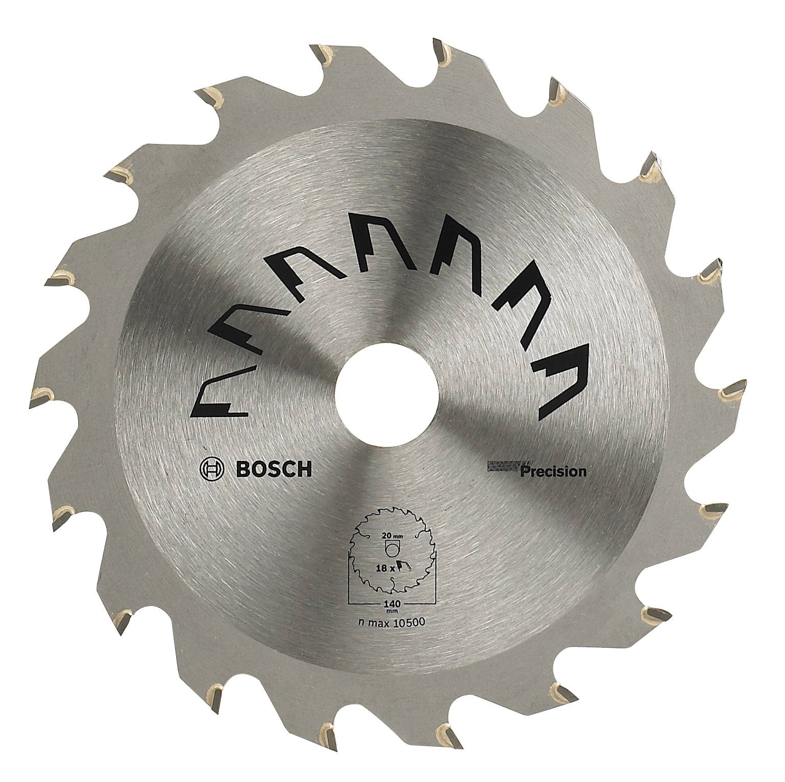 Lame de scie circulaire Bosch, 18 dents, diamètre 140 mm, avec marquages pour l'atténuation du bruit et des vibrations.