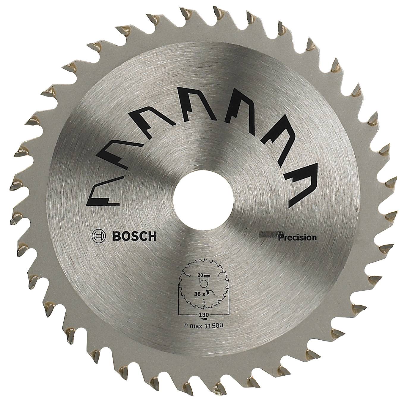 Lame de scie circulaire en métal avec des dents tranchantes, logo et indications de vitesse de rotation maximale.