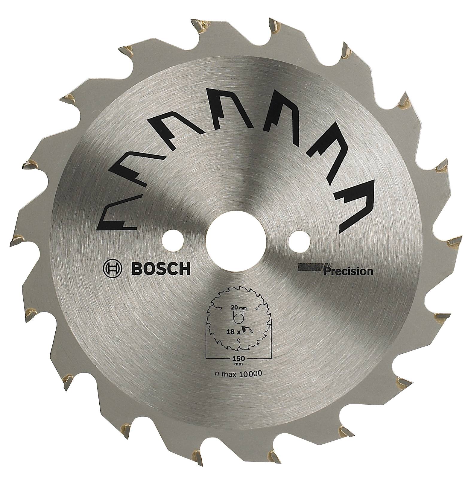 Lame de scie circulaire de la marque Bosch, modèle 'Precision', avec 18 dents, adaptée pour des vitesses de rotation maximales de 10 000 tr/min.