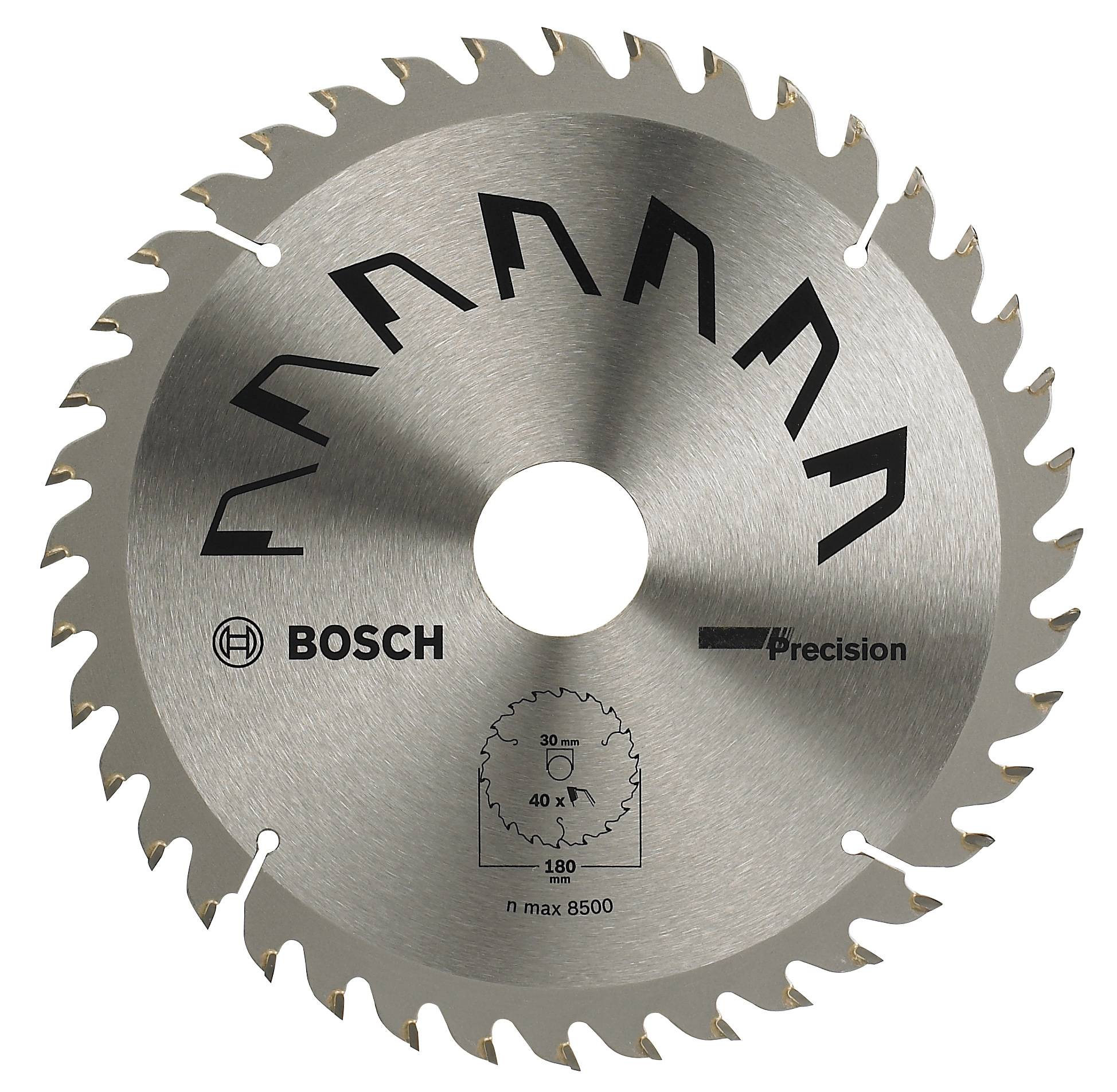 Lame de scie circulaire en acier avec logo Bosch et inscription de précision ; dents disposées symétriquement, adaptée pour des coupes fines.