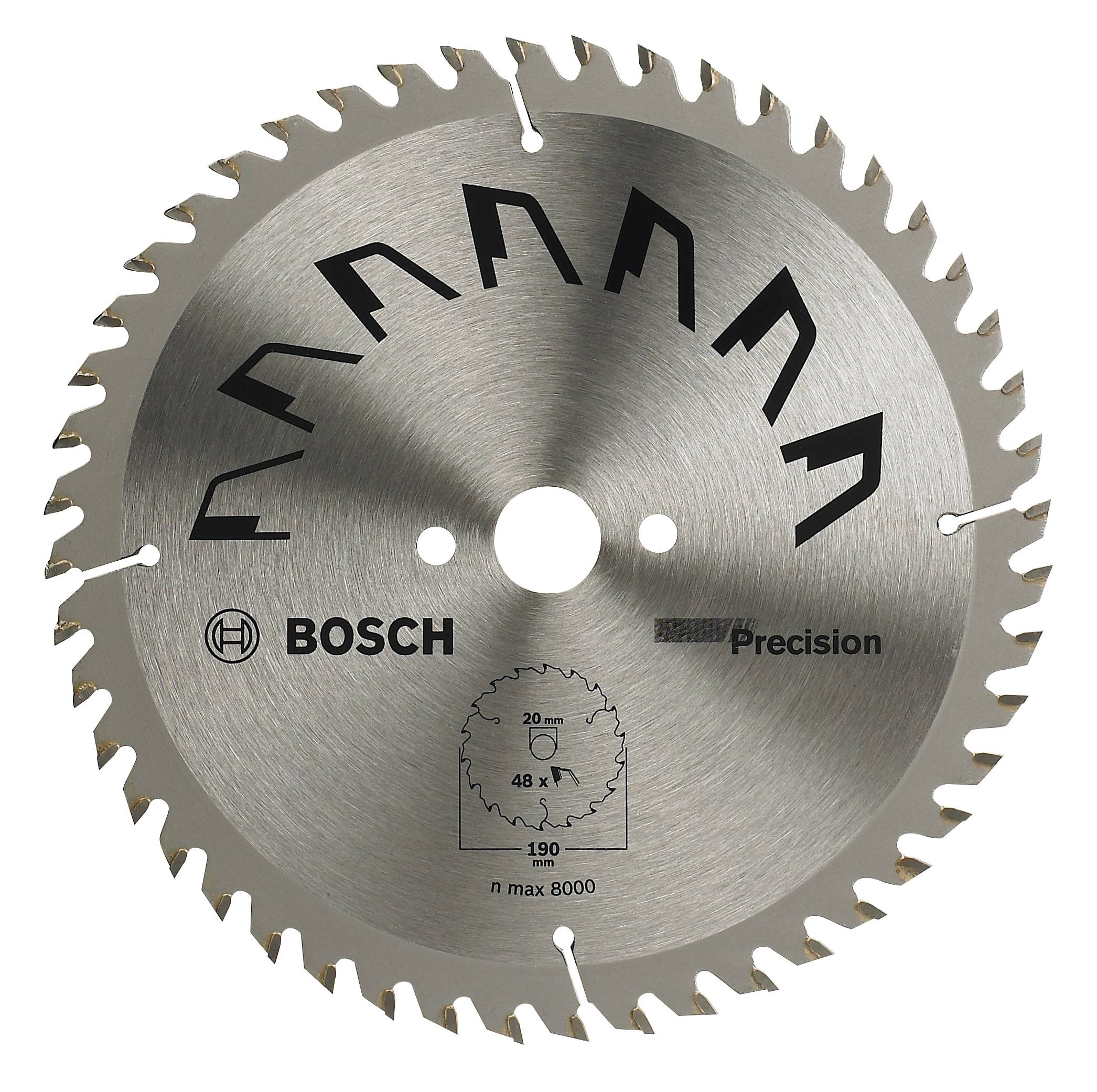 Lame de scie circulaire avec le logo Bosch et l'inscription 'Precision', montrant les dents et un alésage central, adaptée aux travaux sur bois.