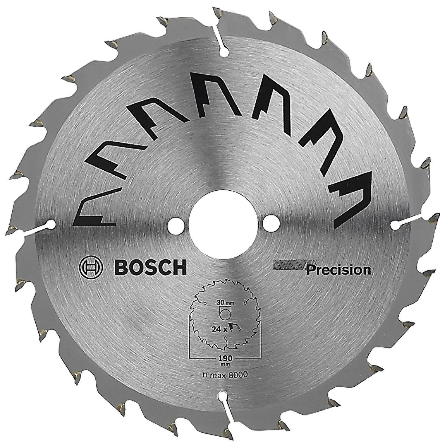Lame de scie circulaire avec logo Bosch et inscription 'Precision', diamètre de 190 mm, 24 dents, vitesse maximale de 8000 tours par minute.