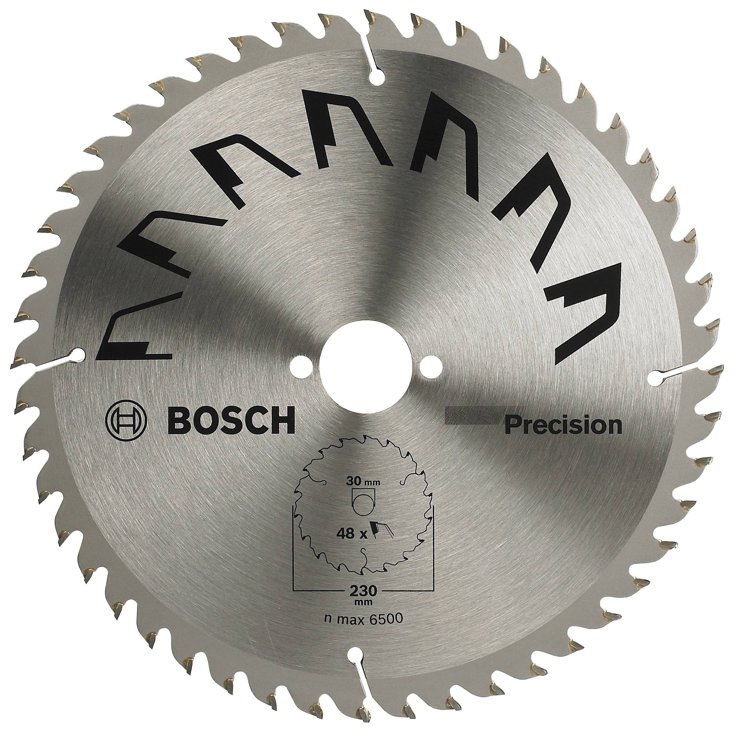 Lame de scie circulaire ronde avec dents, marque 'Bosch', inscription 'Precision', spécifications techniques : diamètre de 230 mm, 48 dents.