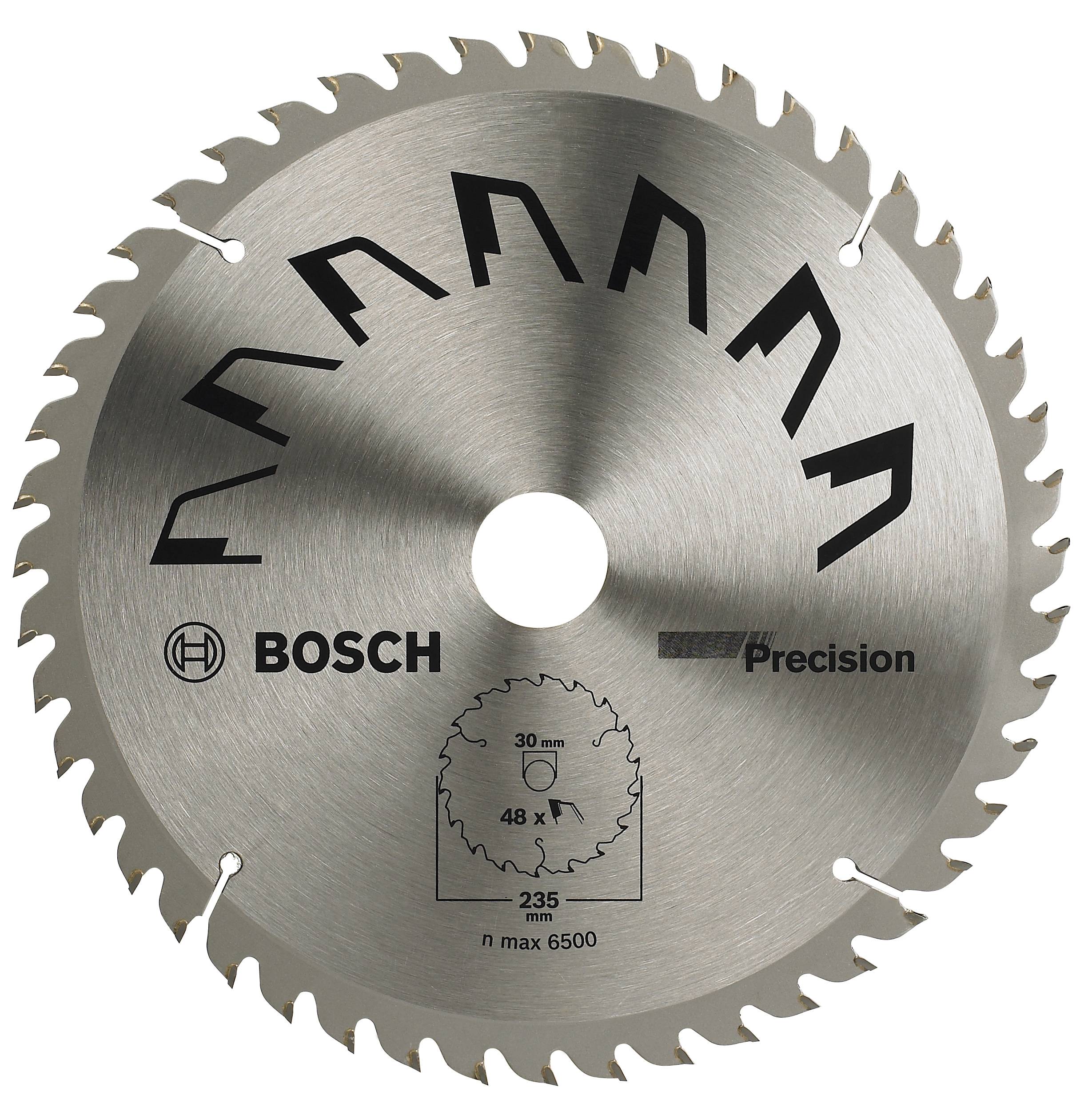 Lame de scie avec logos Bosch et Precision, diamètre 235 mm, 48 dents, vitesse de rotation maximale 6500, montrant la disposition des dents.