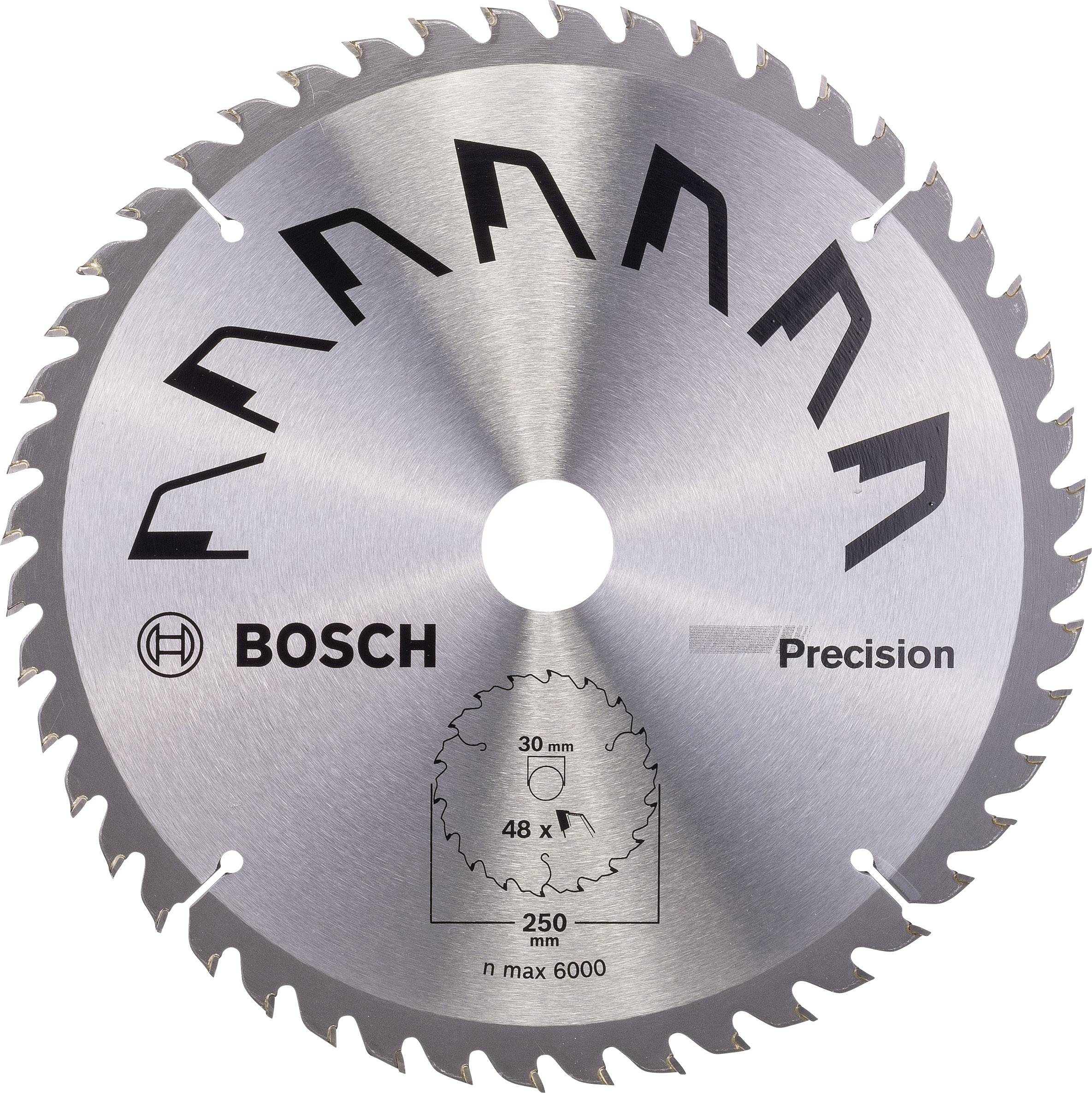 Lame de scie pour le travail du bois, marque Bosch, avec 48 dents et 250 mm de diamètre. Adaptée pour des machines jusqu'à 6000 tr/min.
