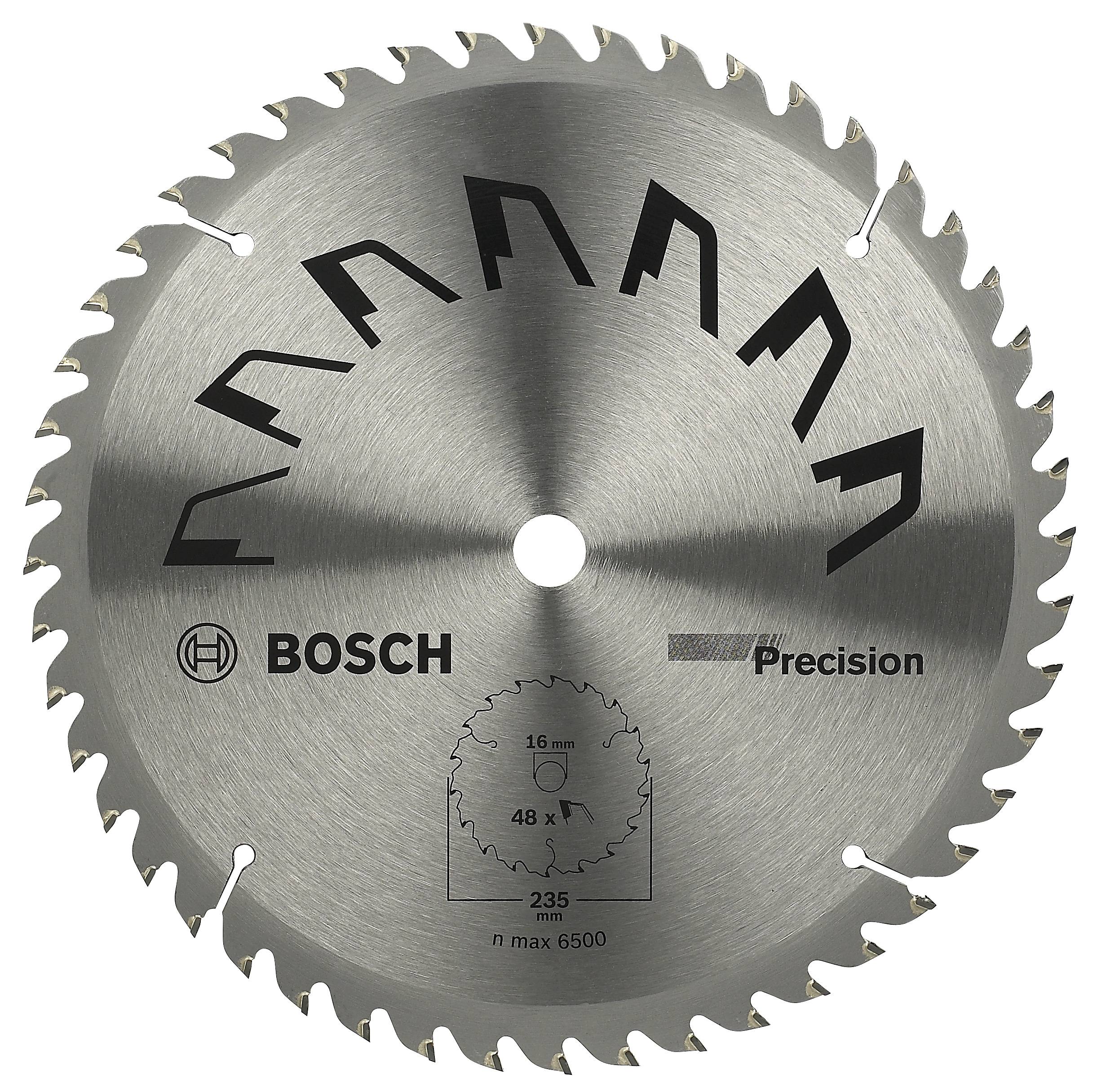 Lame de scie circulaire Bosch avec 48 dents, diamètre 235 mm, pour une coupe précise. Vitesse de rotation maximale : 6500 tr/min.