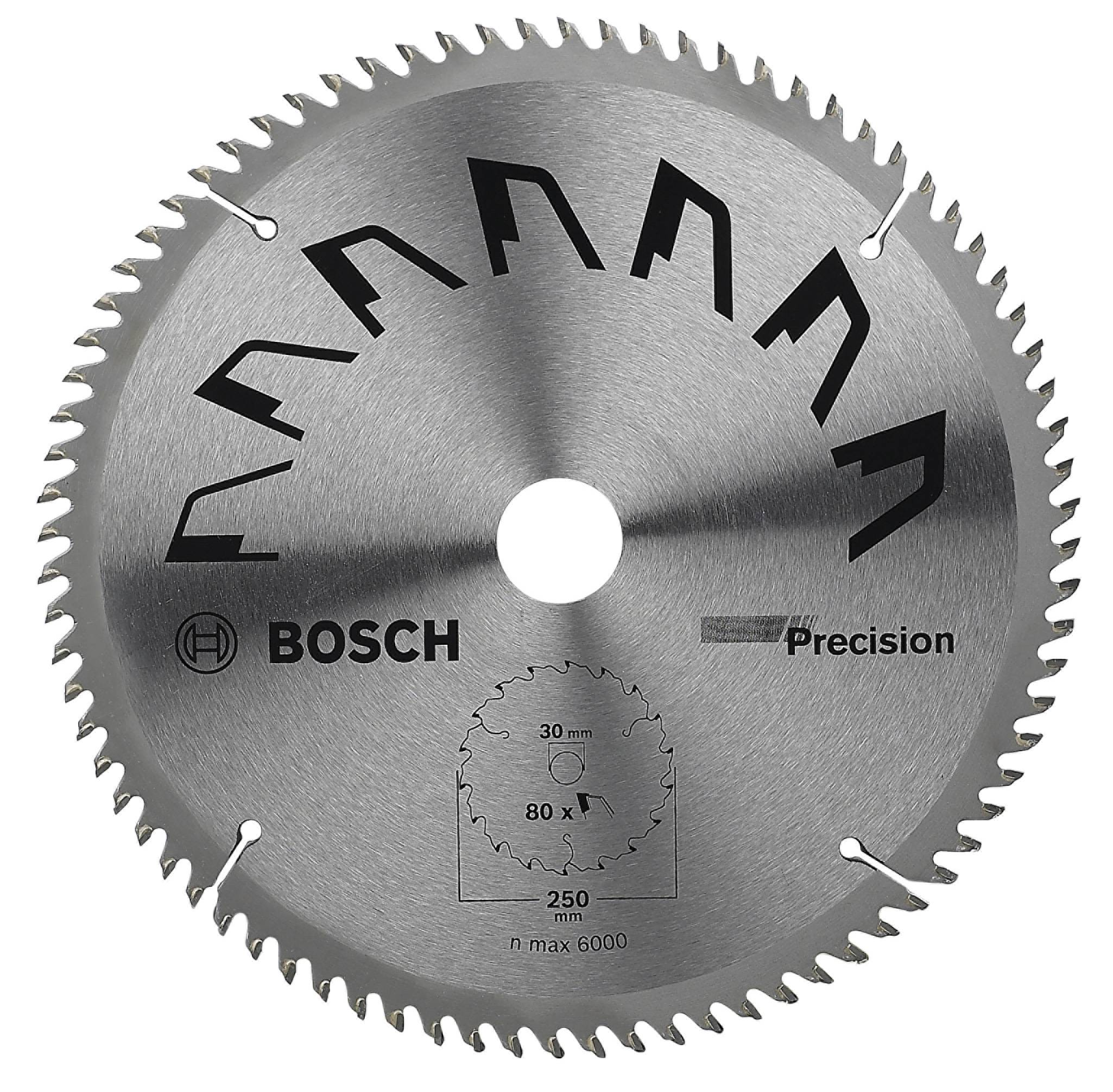 Lame de scie circulaire 'Bosch Precision', diamètre 250 mm, 80 dents, vitesse maximale 6000 tr/min, adaptée pour des coupes de bois précises.