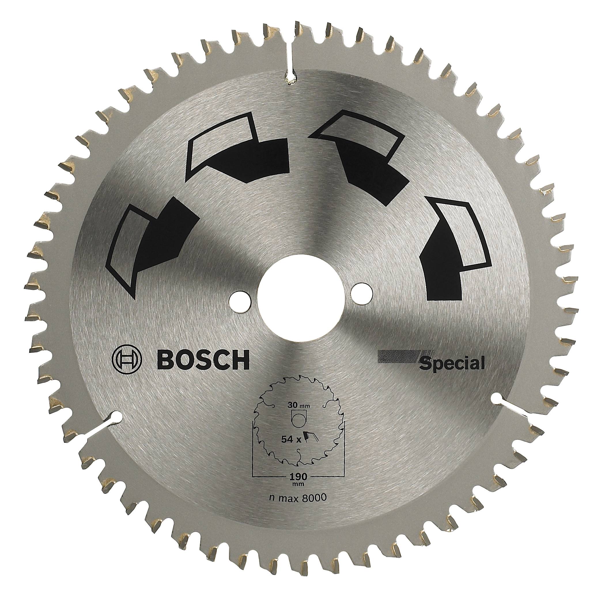 Lame de scie circulaire Bosch, diamètre 190 mm, 54 dents, adaptée à l'usinage du bois, haute performance de coupe et durabilité.