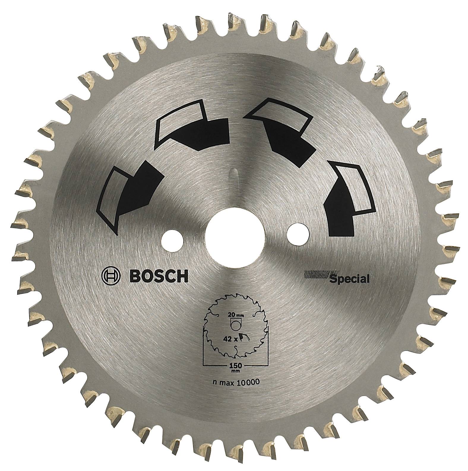 Lame de scie avec la marque 'Bosch', symboles de flèches indiquant le sens de rotation et spécifications techniques telles que le nombre de dents et le nombre maximal de tours.