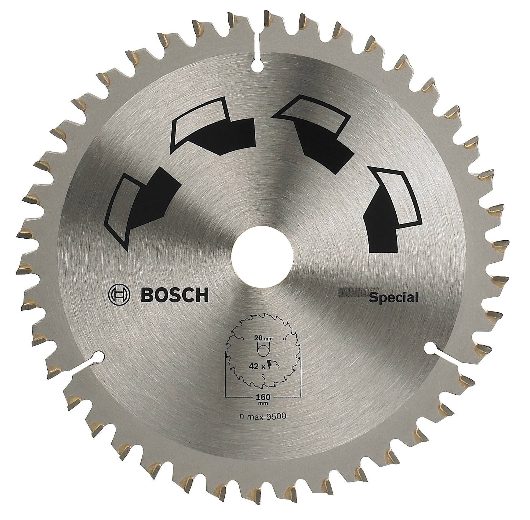Lame de scie circulaire de la marque BOSCH avec des dents spéciales pour une coupe précise, avec une limite maximale de rotation de 9500 tr/min.