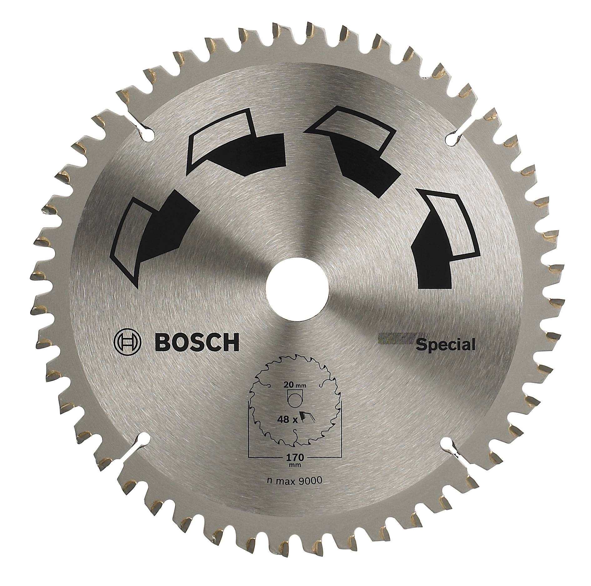 Lame de scie circulaire en métal portant l'inscription 'BOSCH Special', adaptée pour la coupe du bois. Diamètre 170 mm, vitesse de rotation maximale 9000 tr/min.