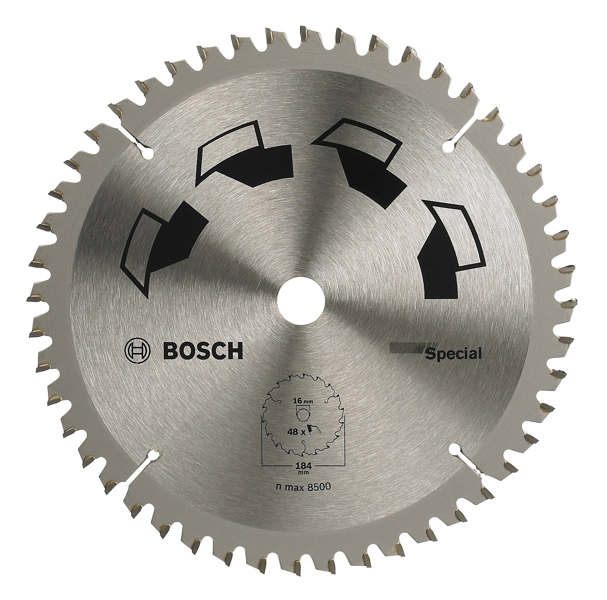 Lame de scie circulaire avec logo Bosch et indications de sens de coupe. Diamètre de 184 mm, vitesse de rotation maximale de 8500 tr/min.