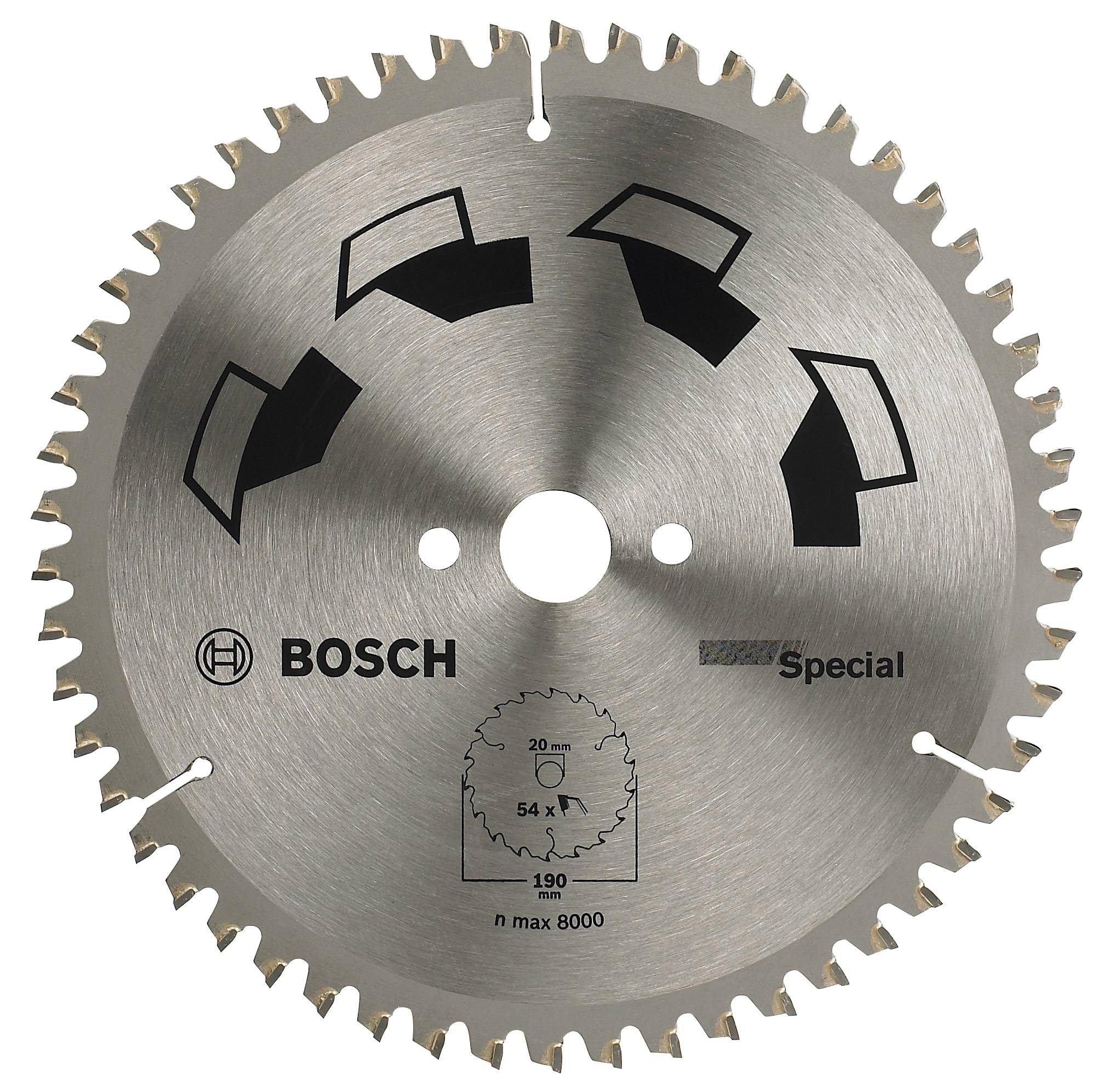 Lame de scie circulaire avec dents en métal, logo Bosch et inscription 'Special'. Des marquages indiquent la vitesse de rotation maximale et le diamètre.
