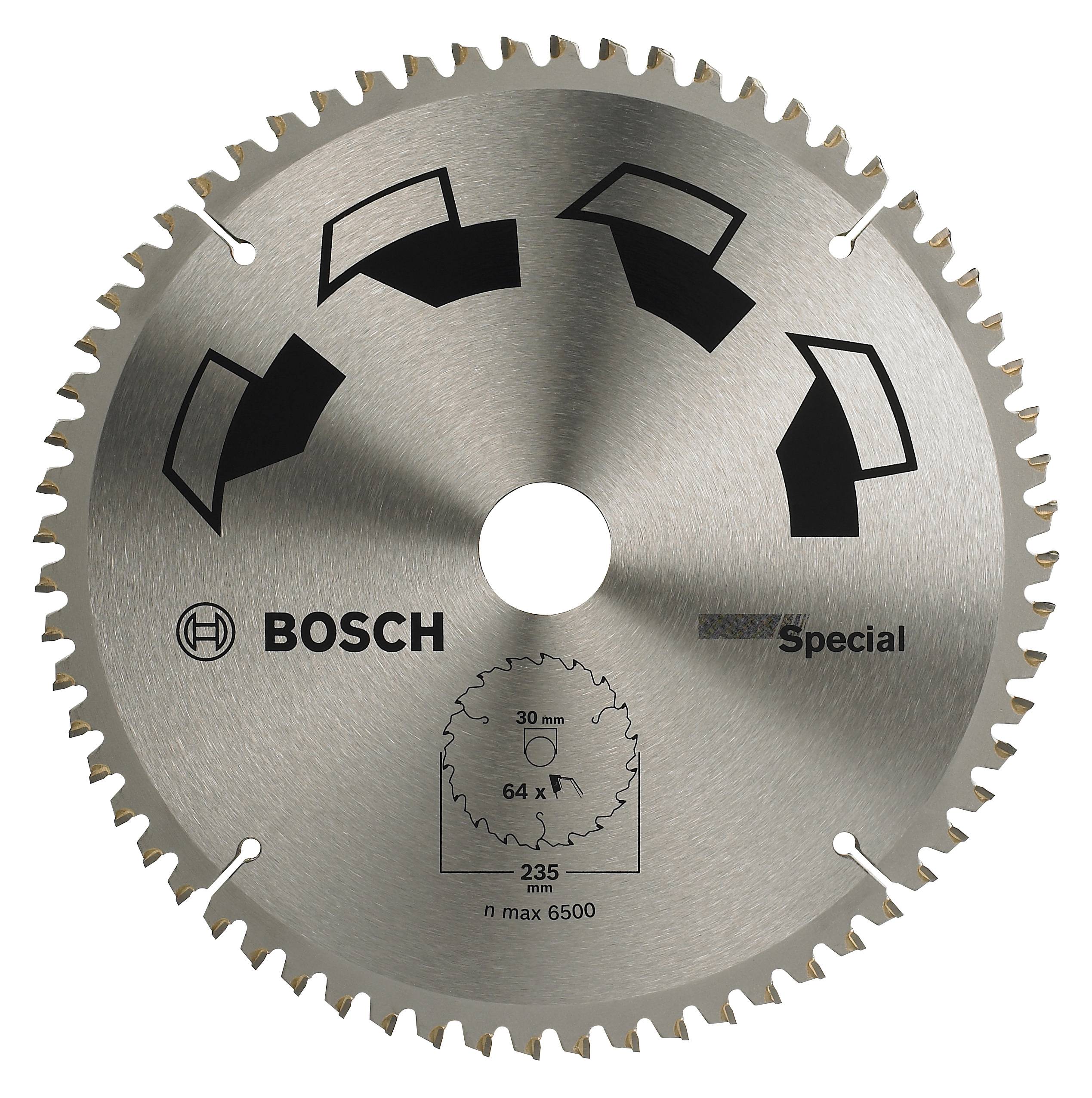 'Lame de scie circulaire Bosch Special', argentée, avec des flèches noires indiquant le sens de rotation. Diamètre 235 mm, 64 dents.