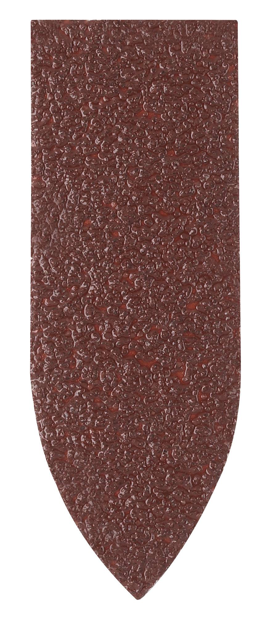 Une feuille de papier de verre couleur rouille, de forme effilée, présentant une texture rugueuse, adaptée pour un ponçage fin.