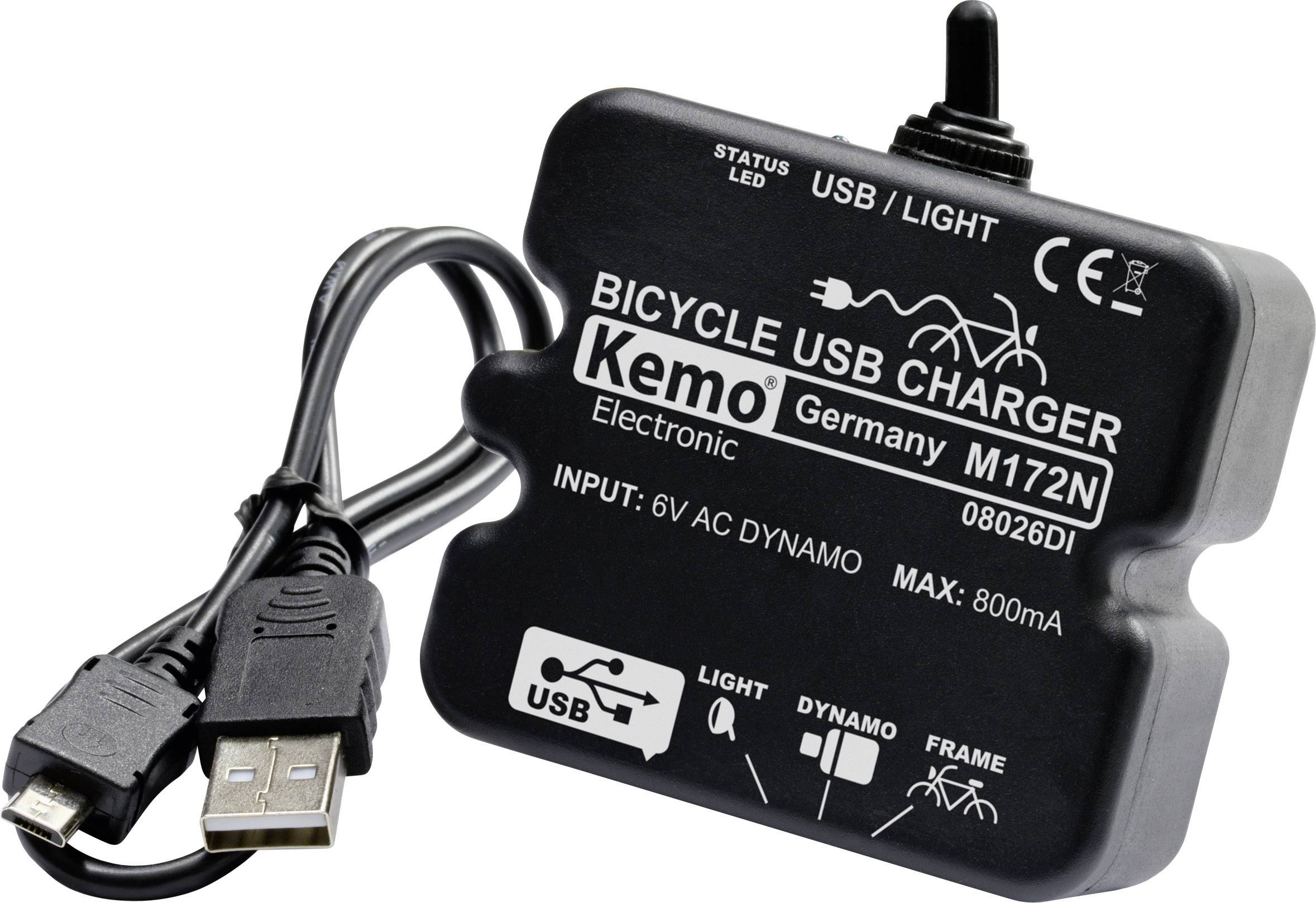 Chargeur USB pour vélo avec pince pour fonctionnement via un dynamo, adapté aux appareils électroniques, sortie max. 800 mA.