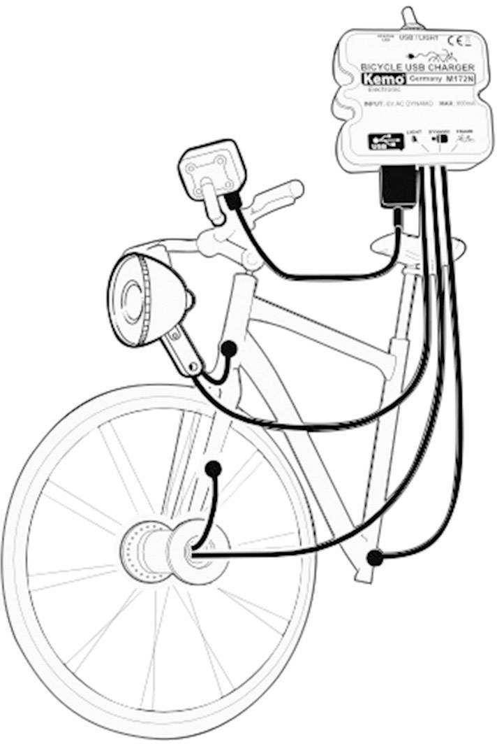 Schéma de câblage pour connecter un chargeur USB à un vélo. Le diagramme montre le câblage entre la dynamo, le chargeur et les accessoires.