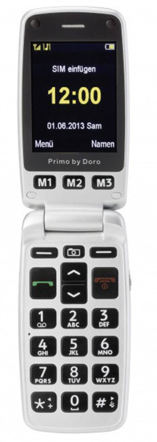 Téléphone portable à clapet pour séniors Primo by DORO 413 avec station de charge, Touche SOS rouge