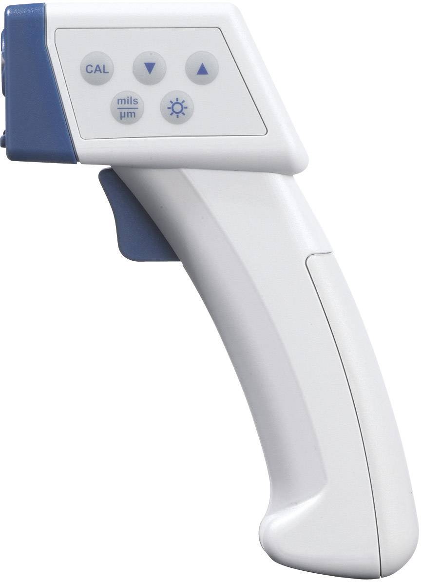 Un appareil portable avec un écran et des boutons pour la calibration, le choix des unités ('mils'/'µm'), et une touche avec un symbole de soleil.