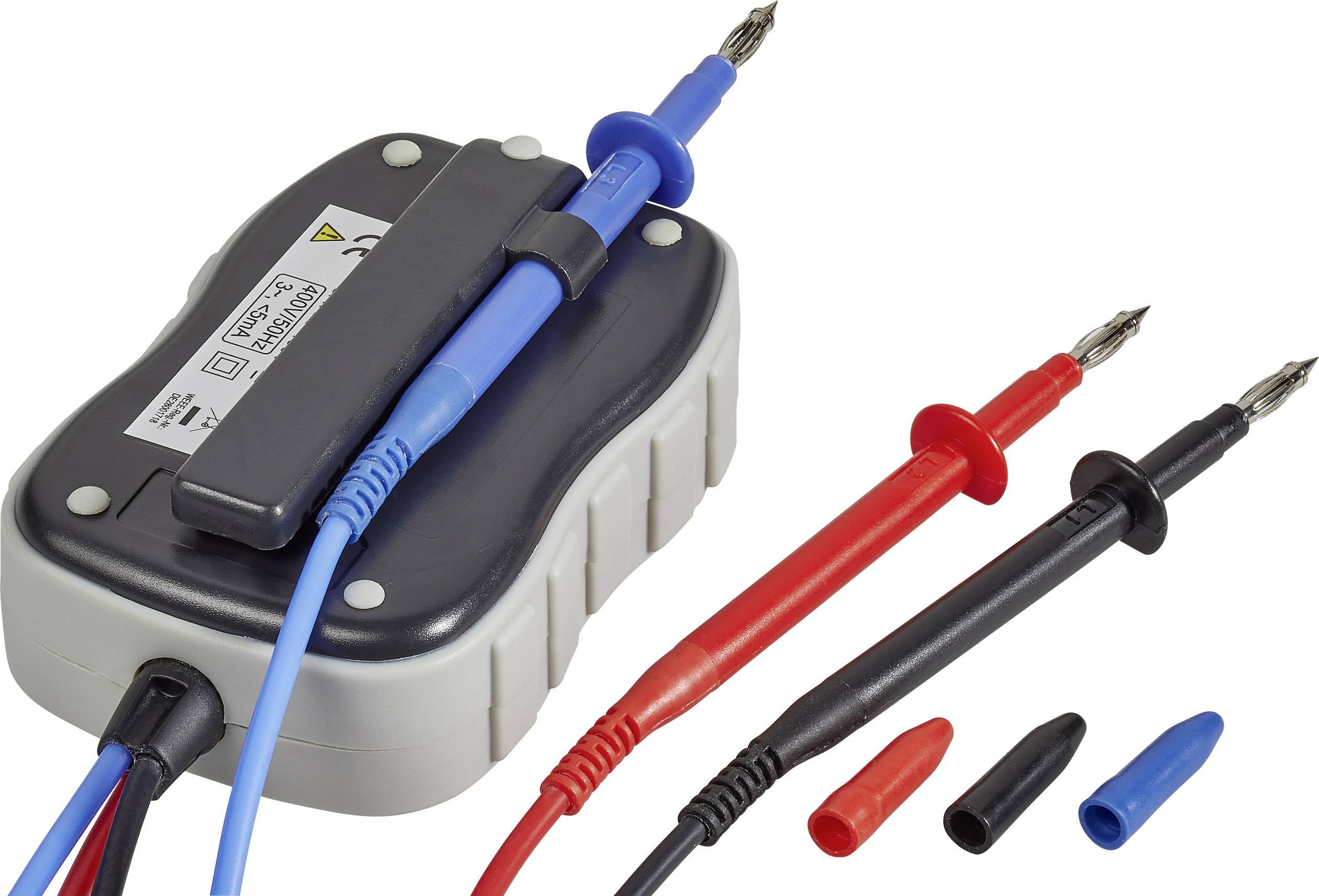 Un appareil de test électrique avec trois pointes de test en bleu, rouge et noir. Il est utilisé pour mesurer des valeurs électriques.