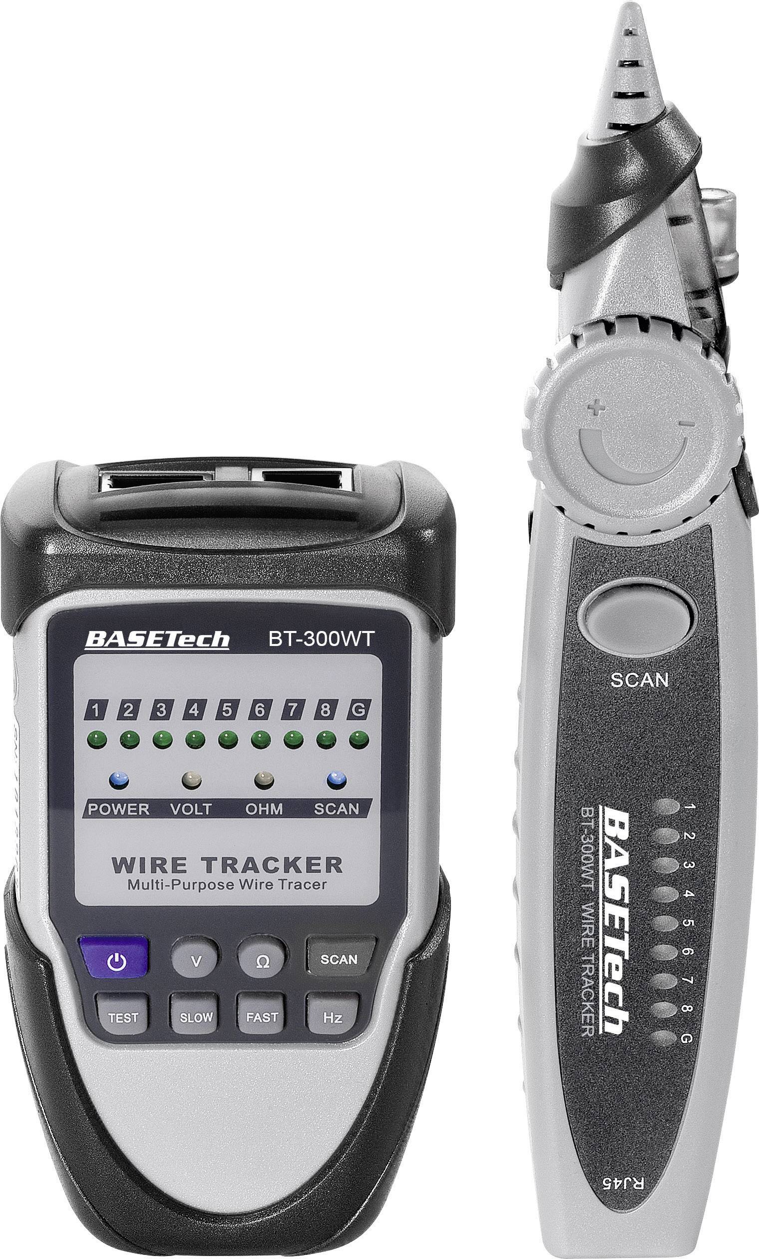 Un détecteur de câbles (BASETech BT-300WT) avec récepteur et émetteur pour le suivi et l'identification des câbles et des lignes.
