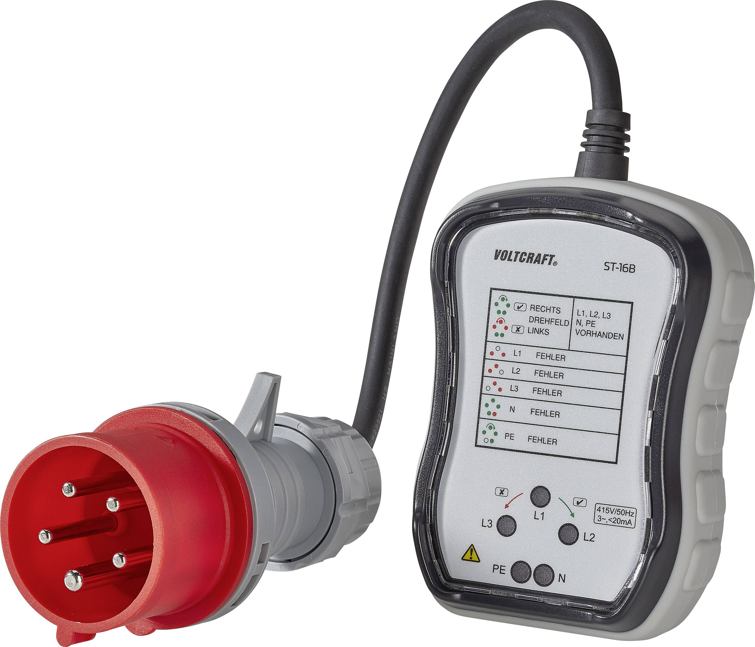 Testeur de tension ST-16B avec câble et fiche rouge. Indique la connexion correcte et le statut des erreurs via des voyants LED.