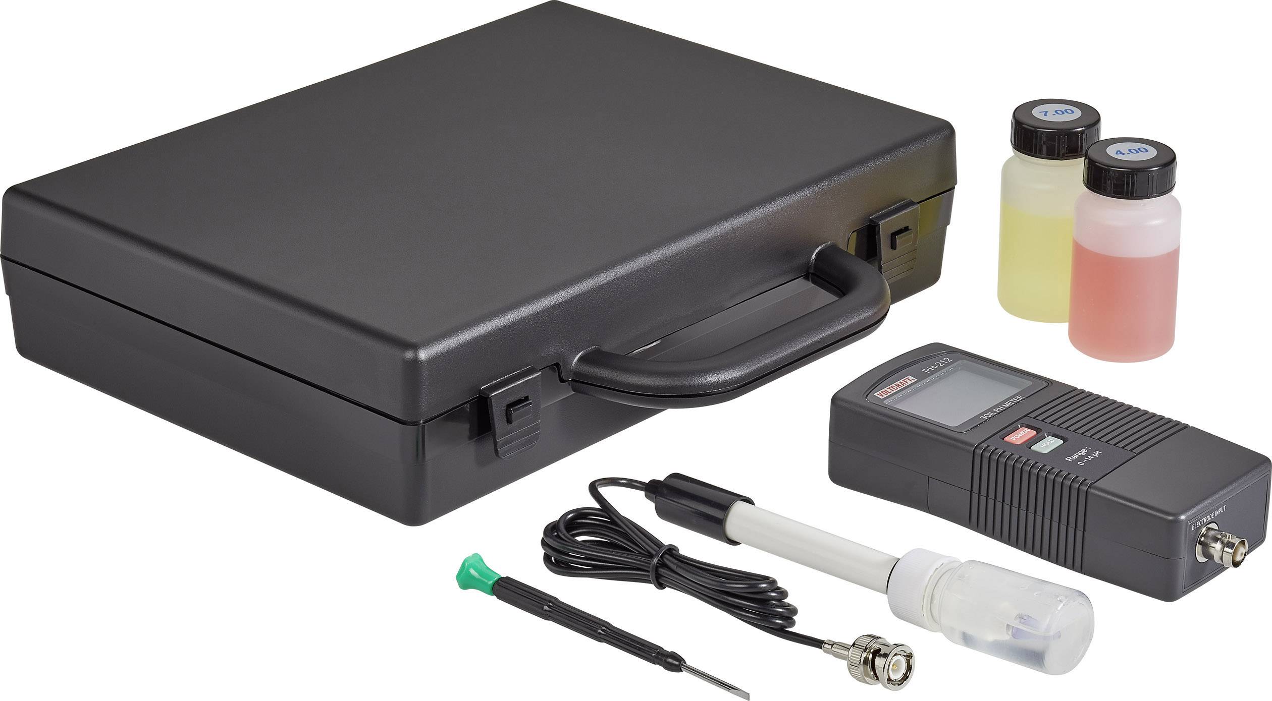 Mallette à outils noire à côté d'un appareil de mesure électronique et ses accessoires, comprenant des câbles, des capteurs et deux flacons de liquide.