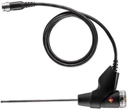 Sonde électronique noire avec câble et pointe métallique, utilisée pour mesurer la température ou l'humidité dans des applications techniques.