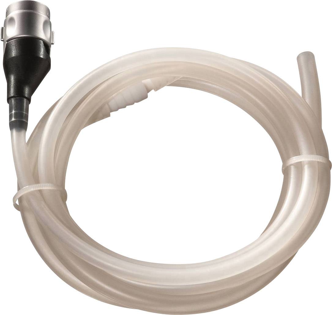 Un tuyau transparent avec un embout noir, enroulé sur un fond blanc.