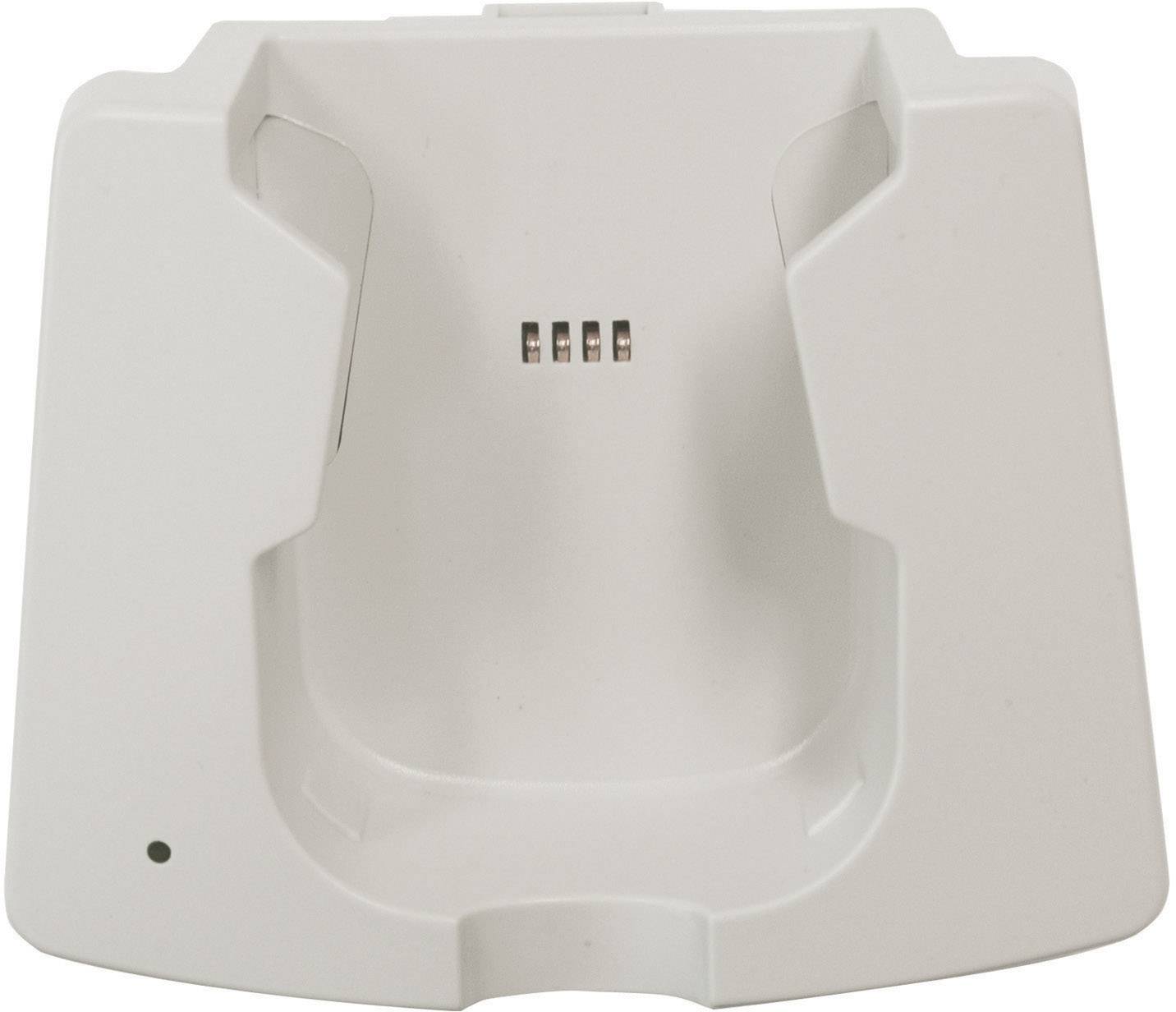Station de chargement blanche en plastique avec des contacts au centre, adaptée aux appareils électroniques ou aux outils.