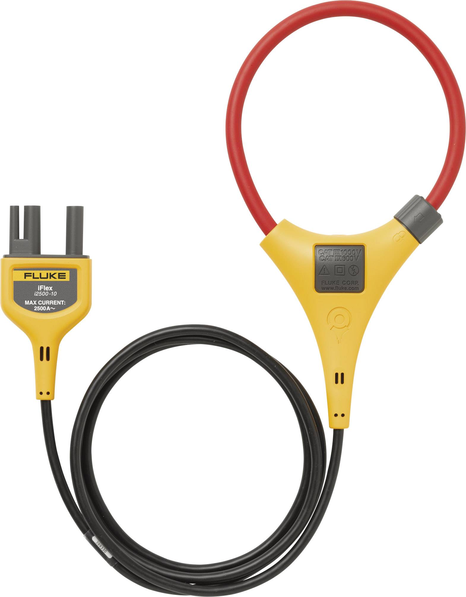 Un multimètre jaune de la marque Fluke, avec une pince ampèremétrique rouge et un câble noir, adapté pour mesurer le courant alternatif.
