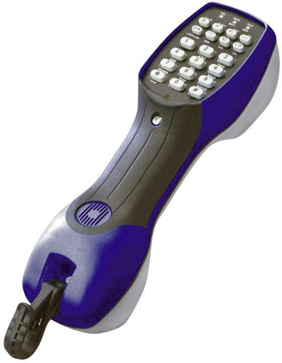 Un téléphone portable bleu-noir avec un clavier et un grand haut-parleur sur la poignée. Utilisé pour les tests de lignes téléphoniques et la maintenance.