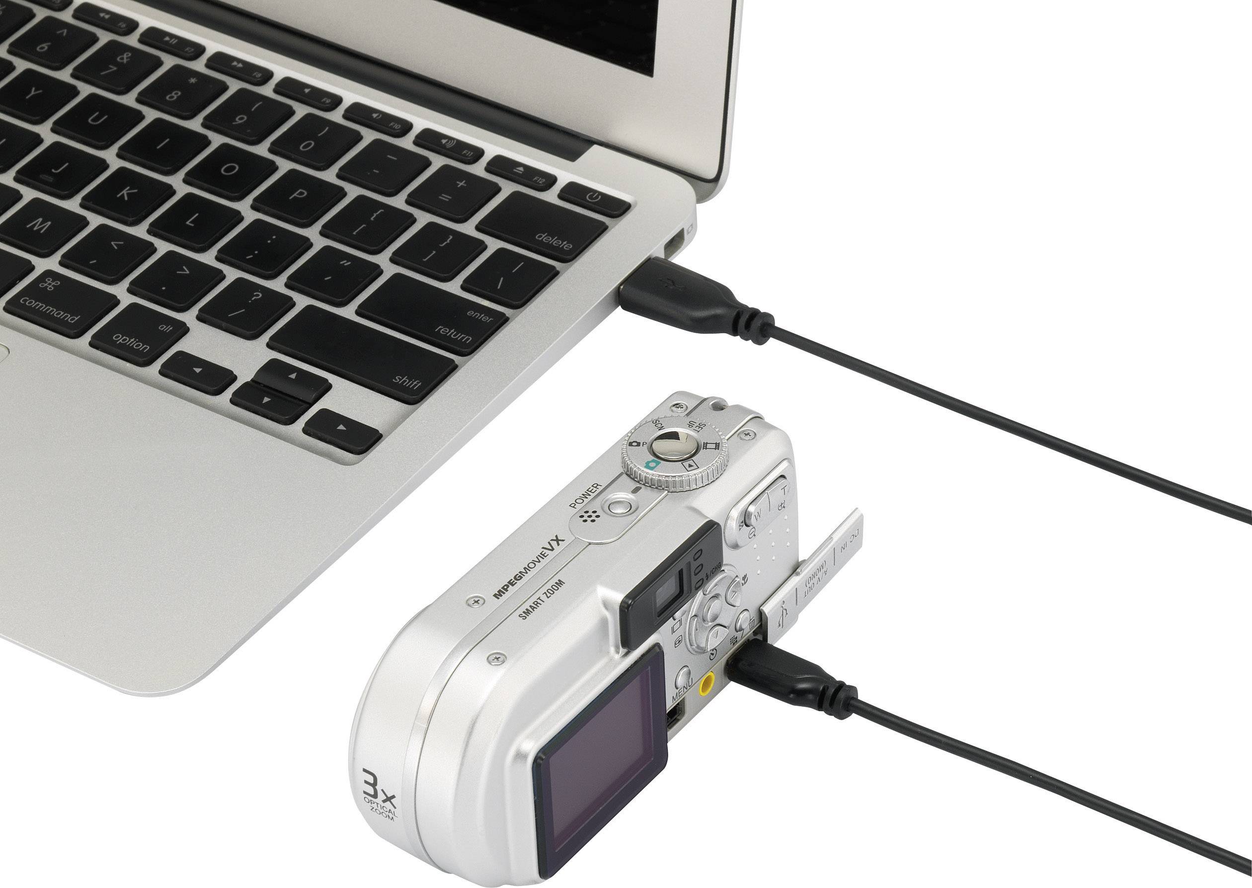 Appareil photo numérique connecté à un ordinateur portable via un câble USB.