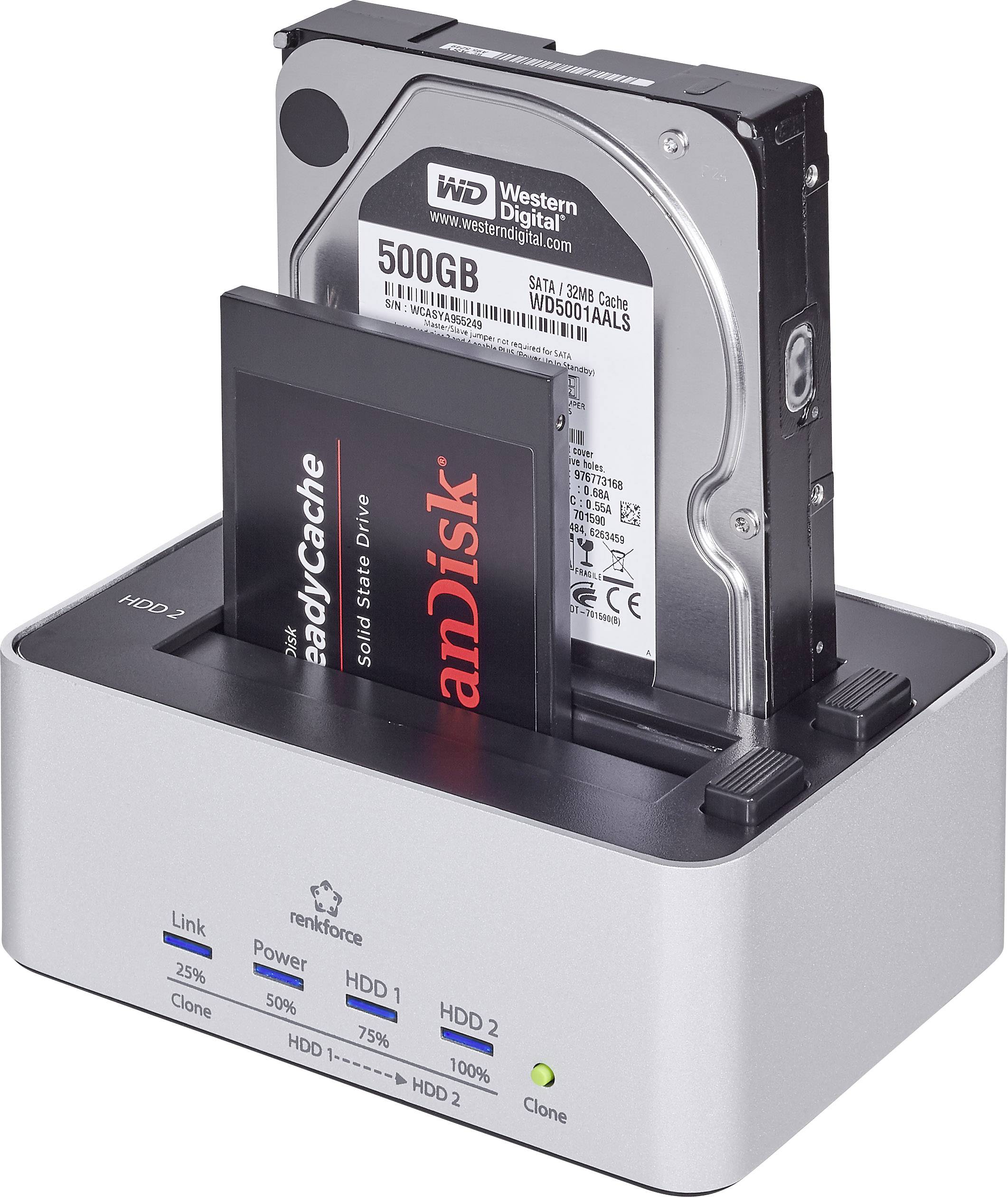 Station d'accueil pour disque dur Renkforce rf-docking-07 avec fonction clonage - USB 3.2 (1è gén.) (USB 3.0) - SATA 6 Gb/s -