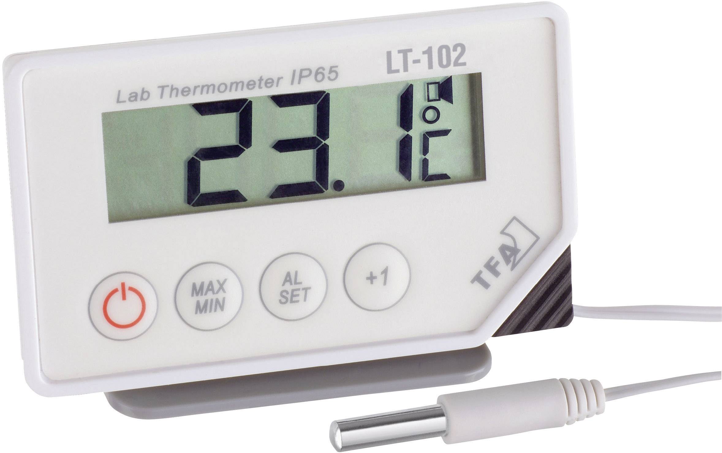 Un thermomètre de laboratoire numérique posé sur une table affiche une température de 23,1 °C, avec un capteur amovible sur le côté.